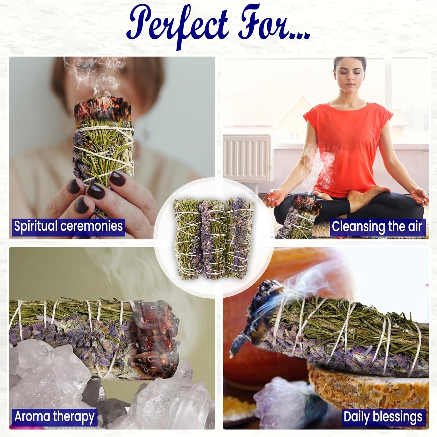 Sage Smudge Kit for Cleansing Negative Energy, Home and Creating The Energy of Happiness Rosemary & Lavender Sage Smudge Sticks with White Sage Pack of 3 - Image 7