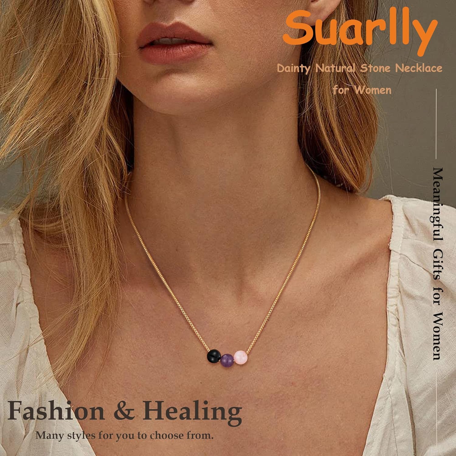 Healing Crystal Necklace for Women 14k Plated Gold Beaded Necklace Anxiety Relief Triple Protection Amethyst Gifts for Friends Sister Mom Daughter Jewelry - Image 2