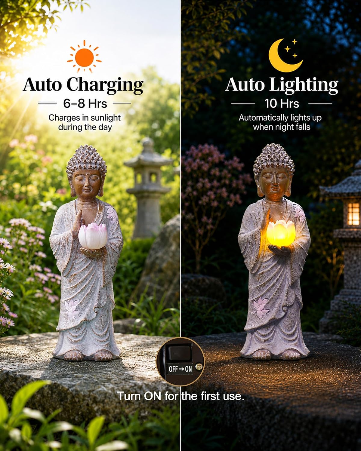 Nacome Solar Buddha Garden Statue Decor: Standing Resin Figurine with Lotus Flower Light Zen Sculpture for Patio Lawn Yard Porch Balcony Meditation Space - 11 inches(White) - Image 5