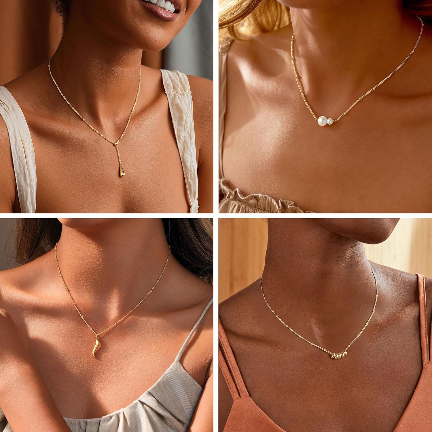 M MOOHAM Gold Necklace for Women Non Tarnish - Dainty 14K Gold Plated Beaded Chain Small Pendant Necklaces Simple Pearl Circle Beads Teardrop Pendant Necklace for Women Trendy Jewelry Gifts - Image 5