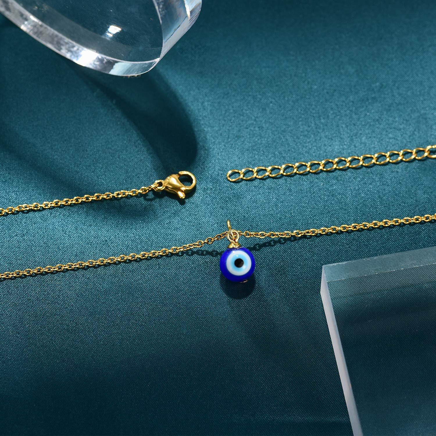 PPJew Evil Eye Necklace Chain Blue Eyes Amulet Pendant Necklace Ojo Turco Kabbalah Protection Adjustable Delicate Jewelry Gift for Women(Silver/Gold) - Image 5