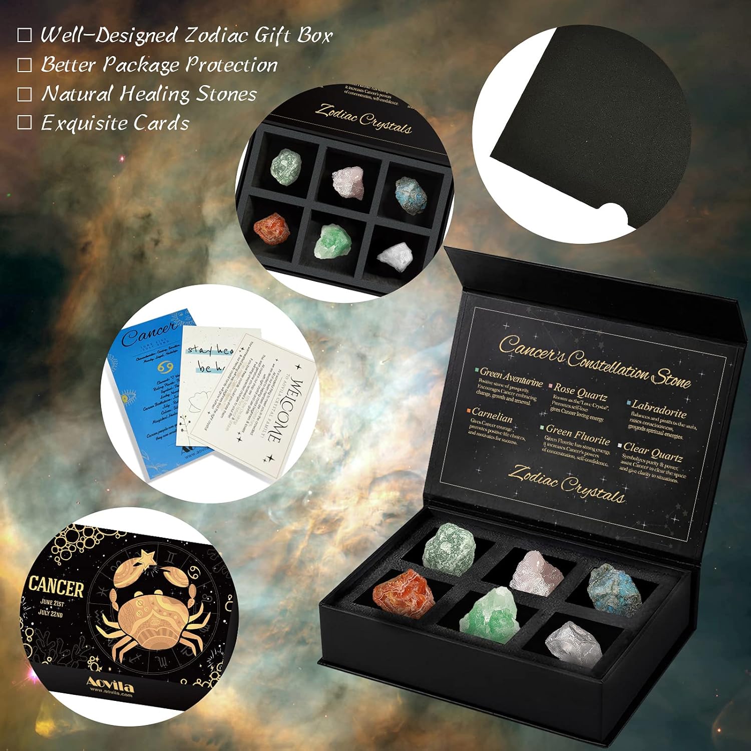Aovila Cancer Crystals Gift Set, Zodiac Signs Healing Crystals Birthstones with Horoscope Box Set Cancer Astrology Crystals Healing Stones Gifts - Image 6