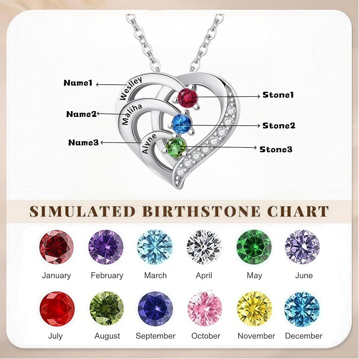 Personalized Name Mothers Necklace with 2-6 Birthstones 925 Sterling Silver Necklace for Women Mothers Day Christmas Gift for Mom Wife Grandma - Image 2