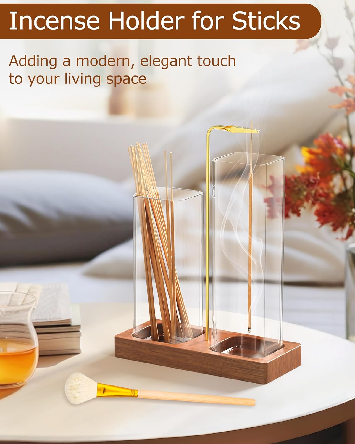2 in 1 Incense Holder with Glass Jars, Large Incense Holder for Sticks, Upside Down Incense Burner with Ash Catcher & Storage for Meditation Yoga Spa Home Decor - 20 Incense Sticks & Brush - Image 7