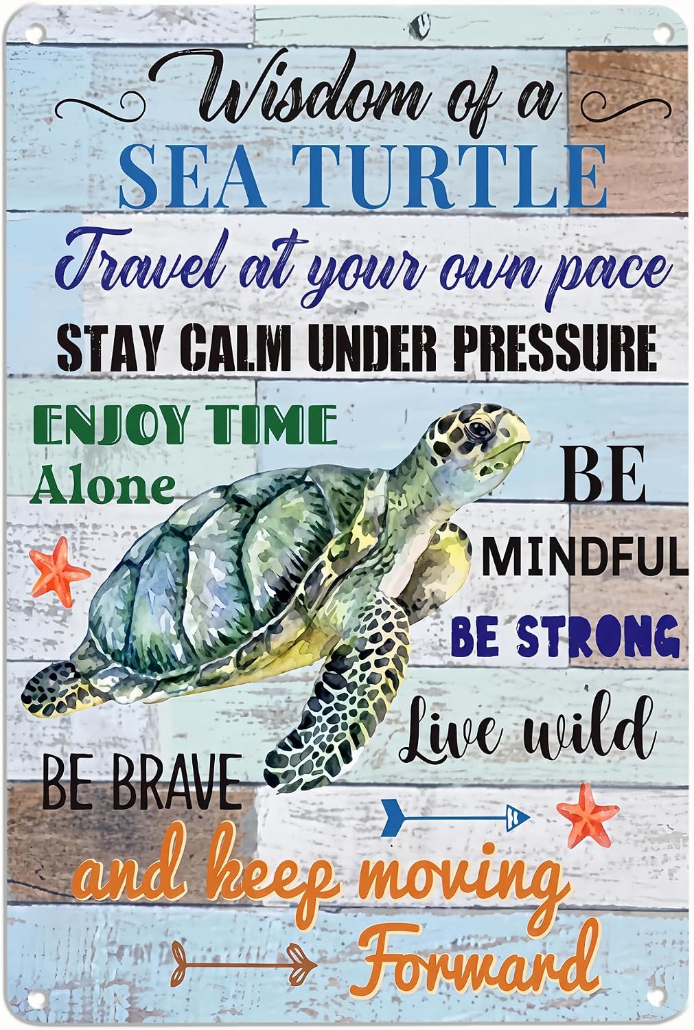 Wisdom of a Sea Turtle & Walk in My Shoes Inspirational Metal Sign Set, 8x12 Inch Vintage Quote Wall Art for Coastal Farmhouse & Home Decor