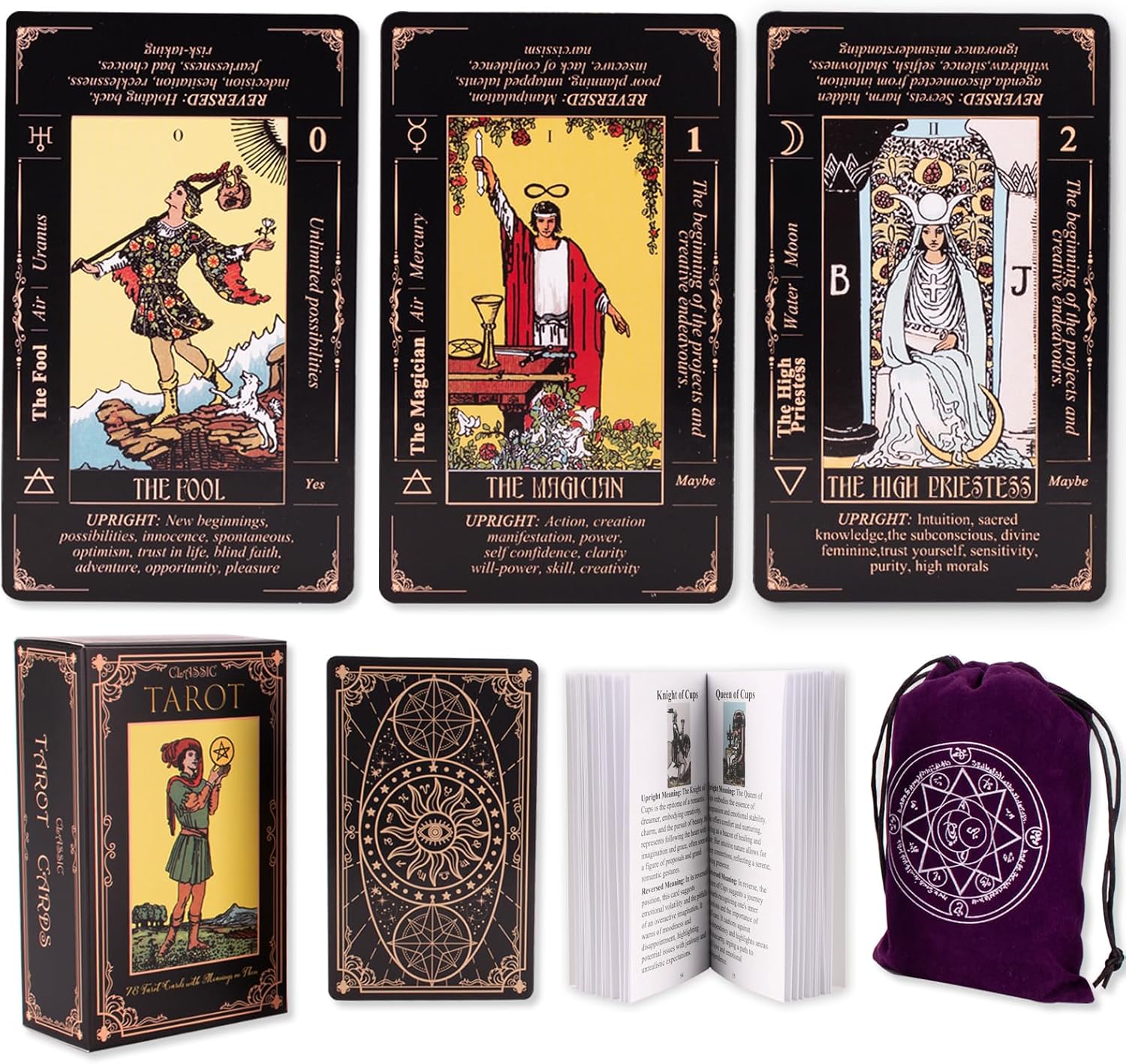 Tarot Cards for Beginners, Classic Tarot Deck with Meanings, Durable Cards with Guide Book, Black