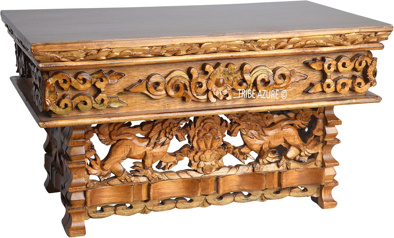 Tribe Azure Fair Trade Small Snow Lion Altar Table, Hand Carved Wooden Table with Majestic Garuda, 16 in x 9 in x 9 in - Image 5
