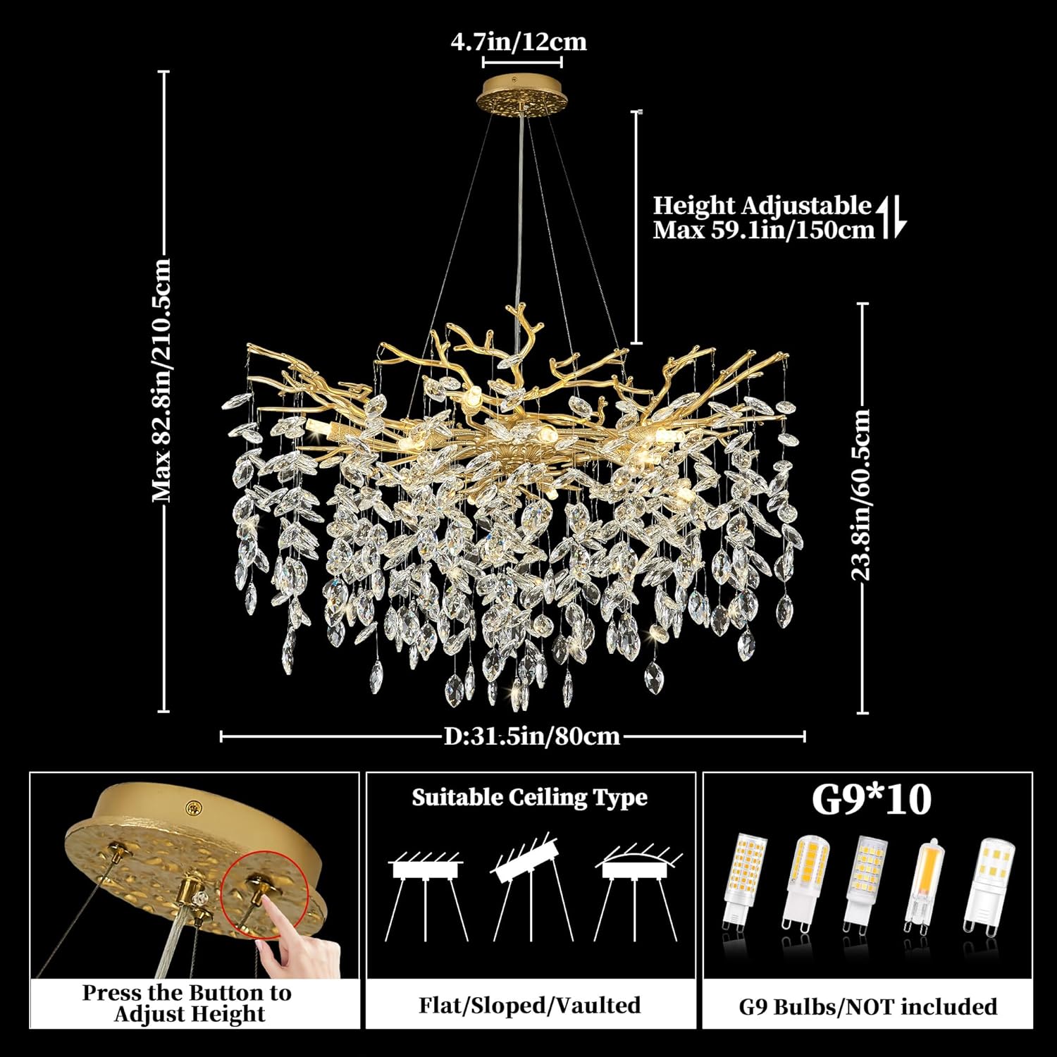 Tree Branch Chandelier 31.5" Gold Modern Crystal Chandelier for Dining Room 10-Lights Luxury K9 Clear Crystal Branch Chandeliers for Living Room Kitchen Bedroom Hotel Church - Image 4