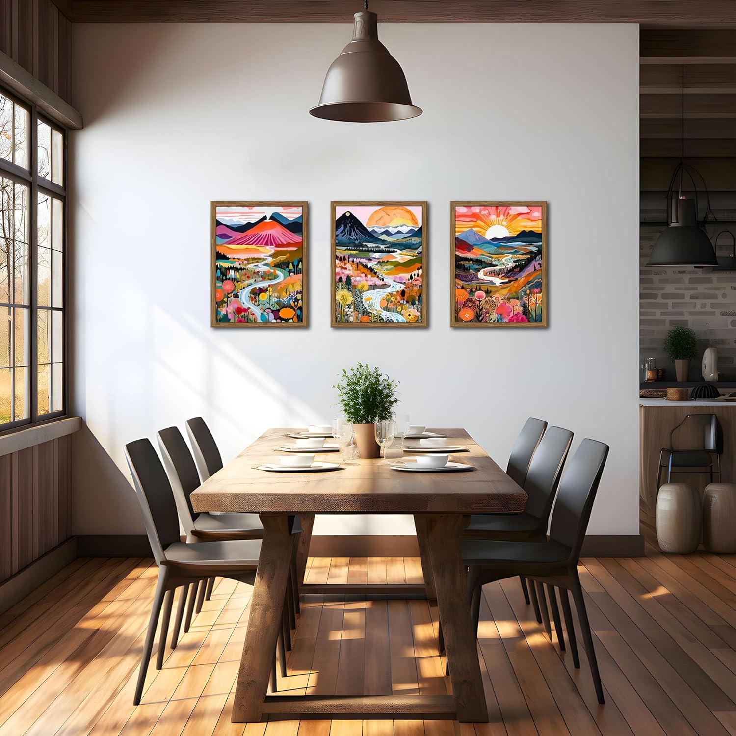 Wood Frame Boho Colorful Wall Art, Set of 3 Abstract Watercolor Mountain Landscape Wall Decor Painting, Modern Flower Aesthetic Posters Prints for Living Room Bathroom Bedroom 12x16In Framed - Image 5