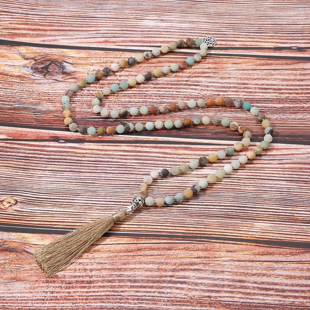 108 Mala Beads Necklace Semi-Precious Gem Stones Meditation Necklace 108 Hand Knotted Japa Mala Beaded Tassel Necklace with Tree of Life Pendant - Image 3