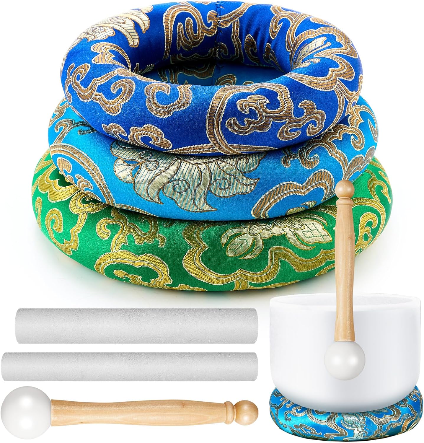 6 Pcs Singing Bowl Cushion Set 3 Silk Cloth O Ring with 3 Crystal Singing Bowl Mallet Include Solid and Hollow Stick Wood Handle Rubber Mallet for 7-9 Tibetan Sound Meditation
