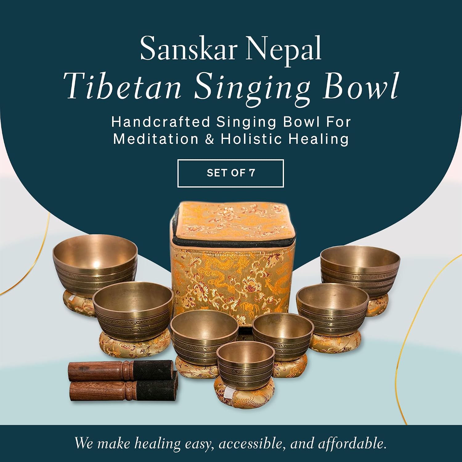 Tibetan Singing Bowl Set of 7, Handmade Singing Bowl for Meditation & Holistic Healing, Yoga Accessories, 3-5” Brass Singing Bowls with Wooden Striker, Cushion & Gold Carry Box - Image 2