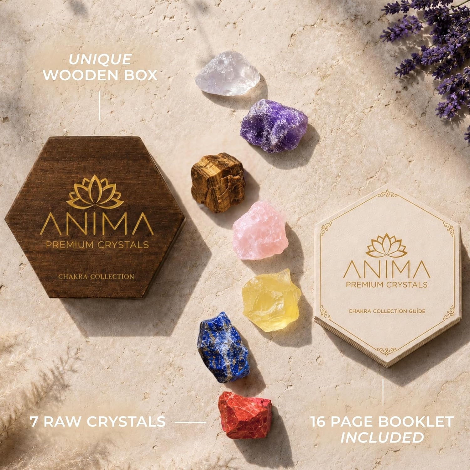Anima Premium 7 Chakra Healing Crystals Set for Energy Alignment - Large Raw Amethyst, Rose Quartz, Citrine, Lapis Lazuli, Clear Quartz, Tigers Eye & Red Jasper - Wooden Gift Box & Guidebook Included - Image 2