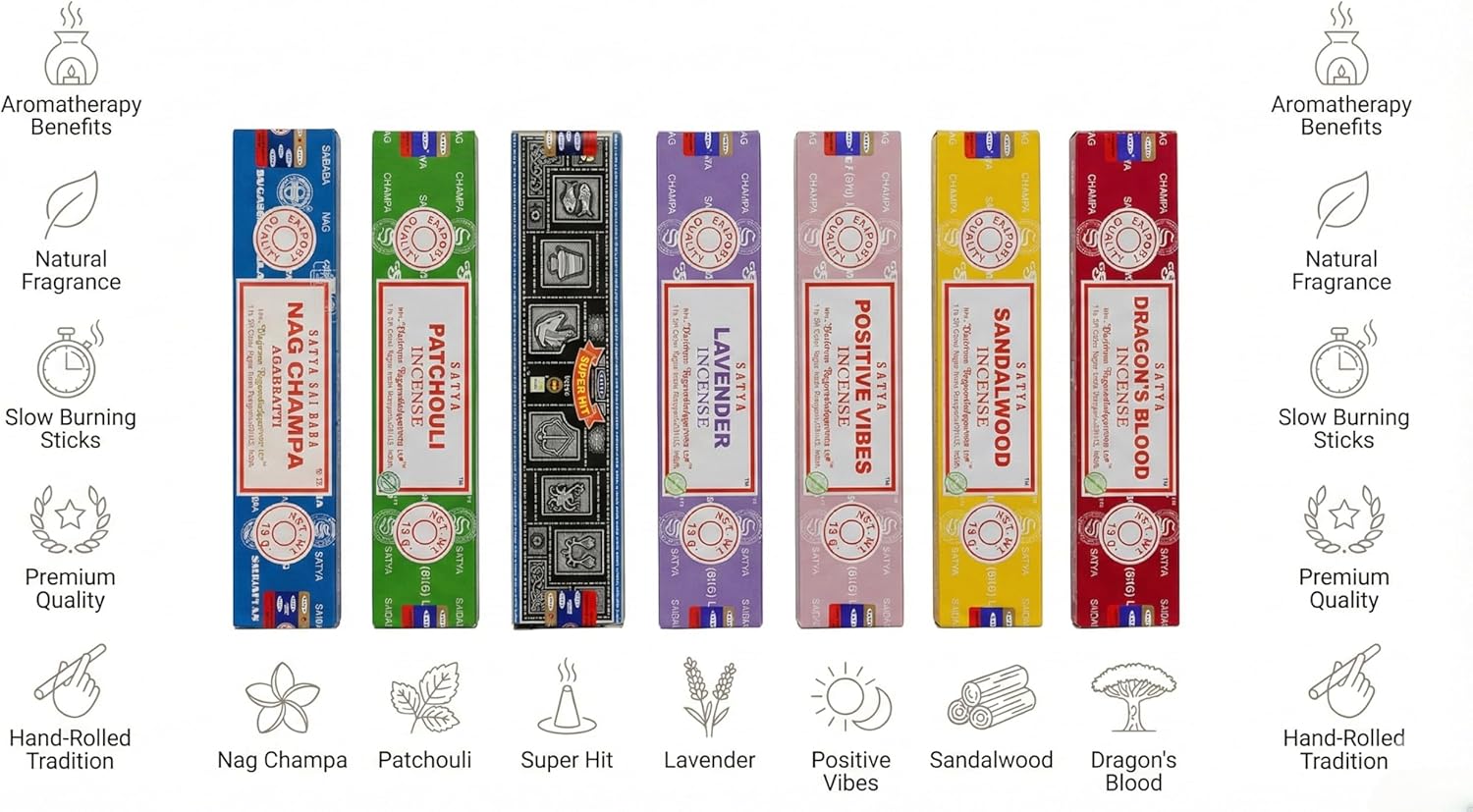 Satya Incense Gift Set Nag Champa, Super hit, Dragon's Blood, Sandalwood, Patchouli, Lavender, Positive Vibes, 15 g - Image 3