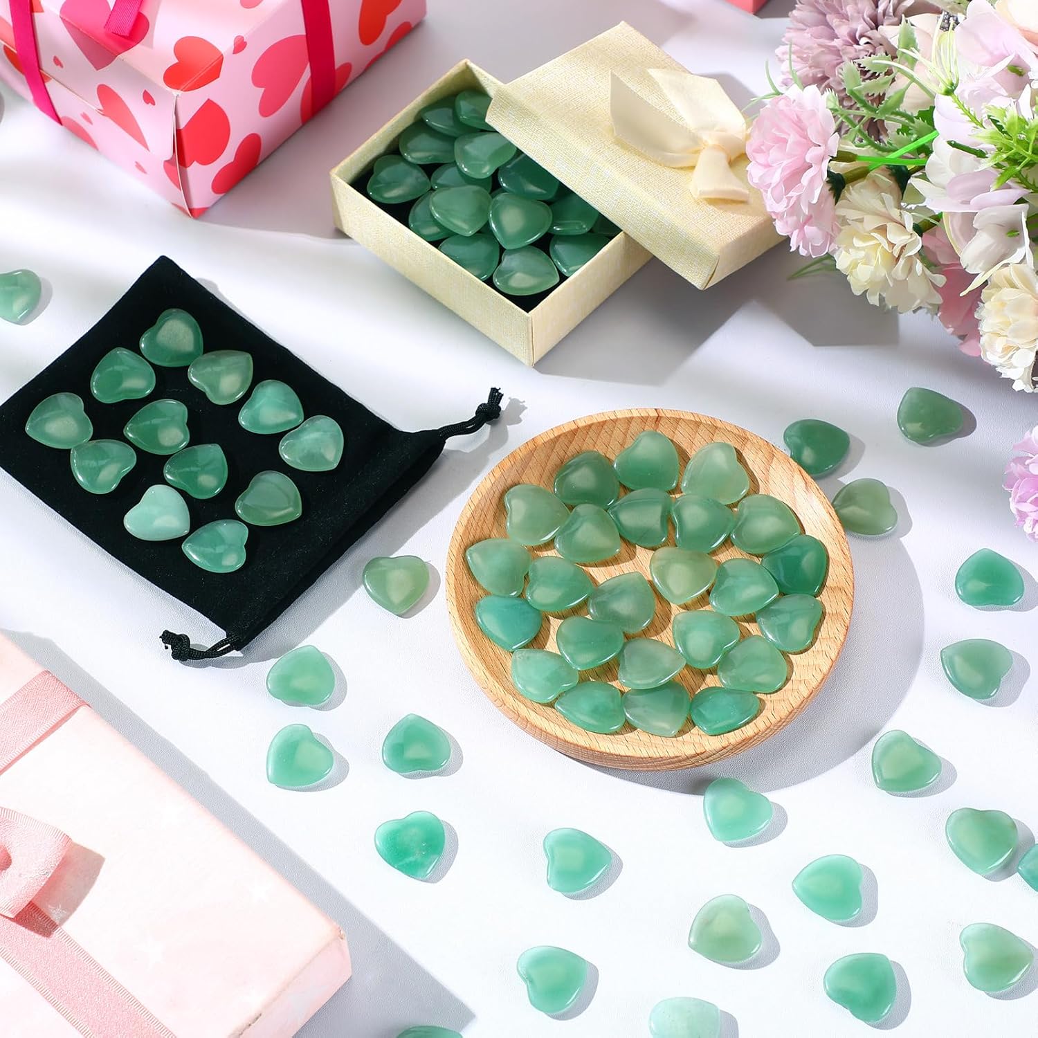 Ecation 120 Pcs Heart Quartz Bulk Crystals Stone Bulk Natural Polished Stone Heart Love Carved Healing Worry Crystal with Flannel Bag for Women Gifts(Green Aventurine) - Image 4