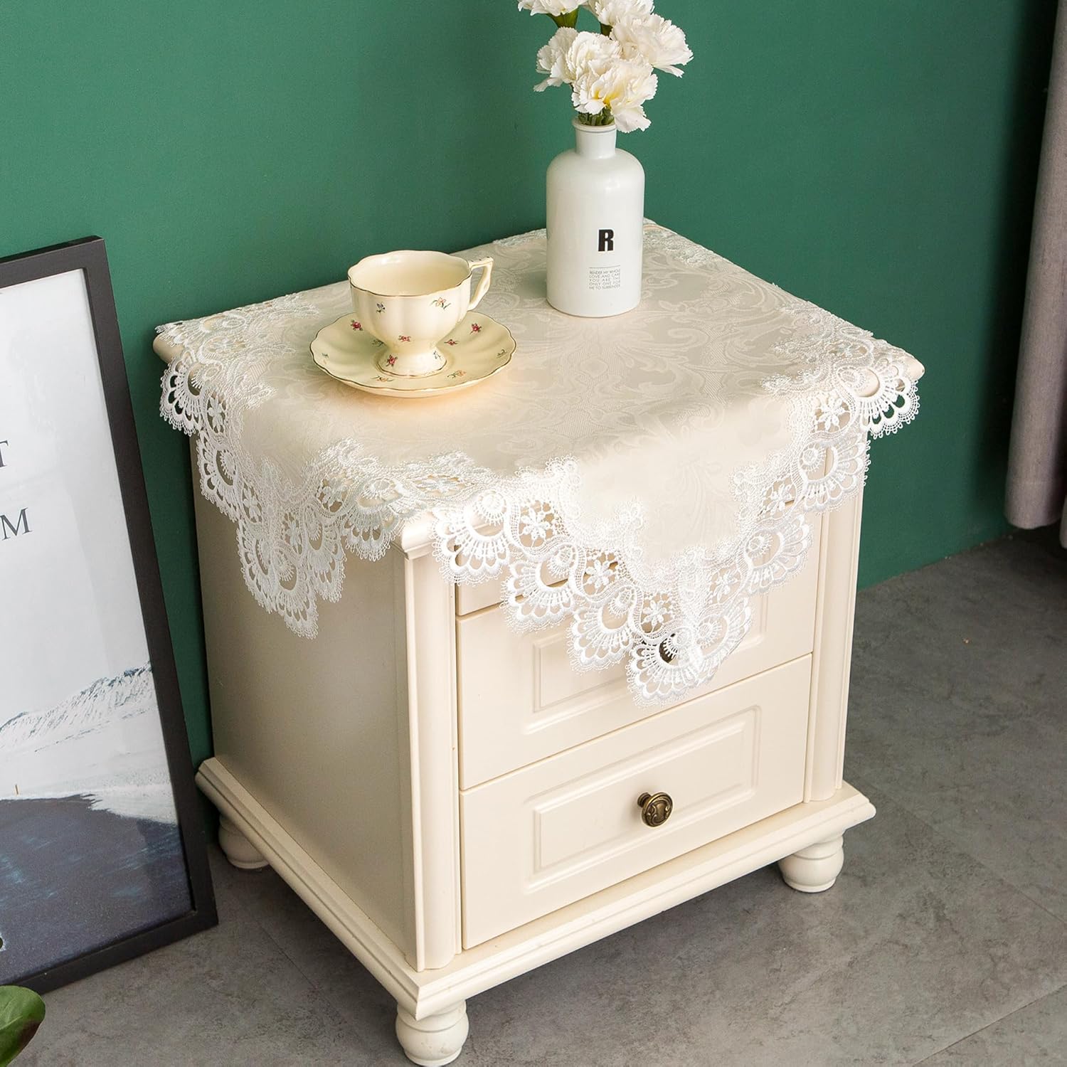 Lace Small Square Tablecloth Embroidered Farmhouse Table Cloth with Macrame Border Side Table Cover for Dresser Beside Tables Nightstand White 24x24 inch