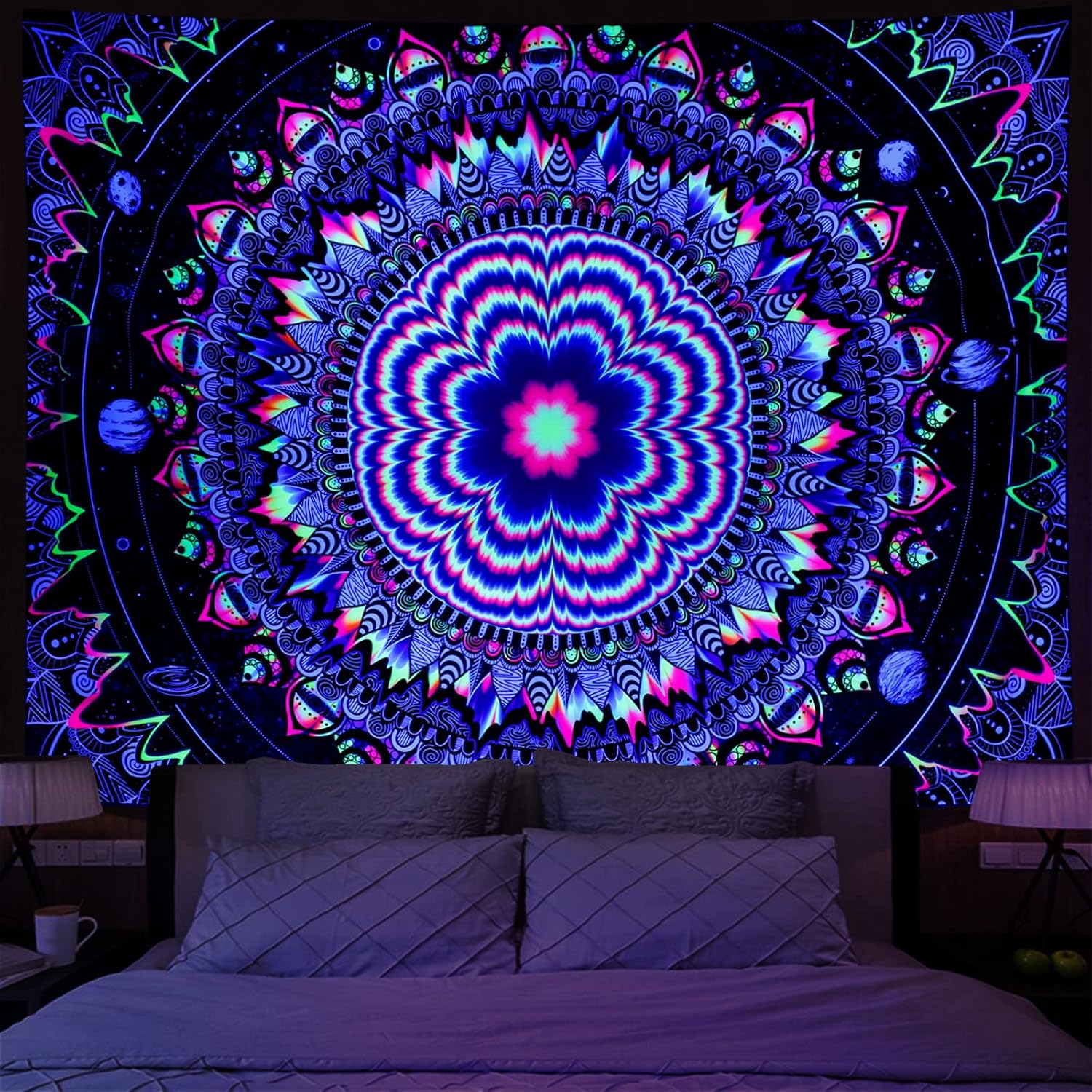 Amonercvita Blacklight Tapestry Trippy Mandala Tapestries UV Reactive Galaxy Stars Tapestry Psychedelic Neon Tapestries Wall Hanging Hippie Black Light Poster for Bedroom
