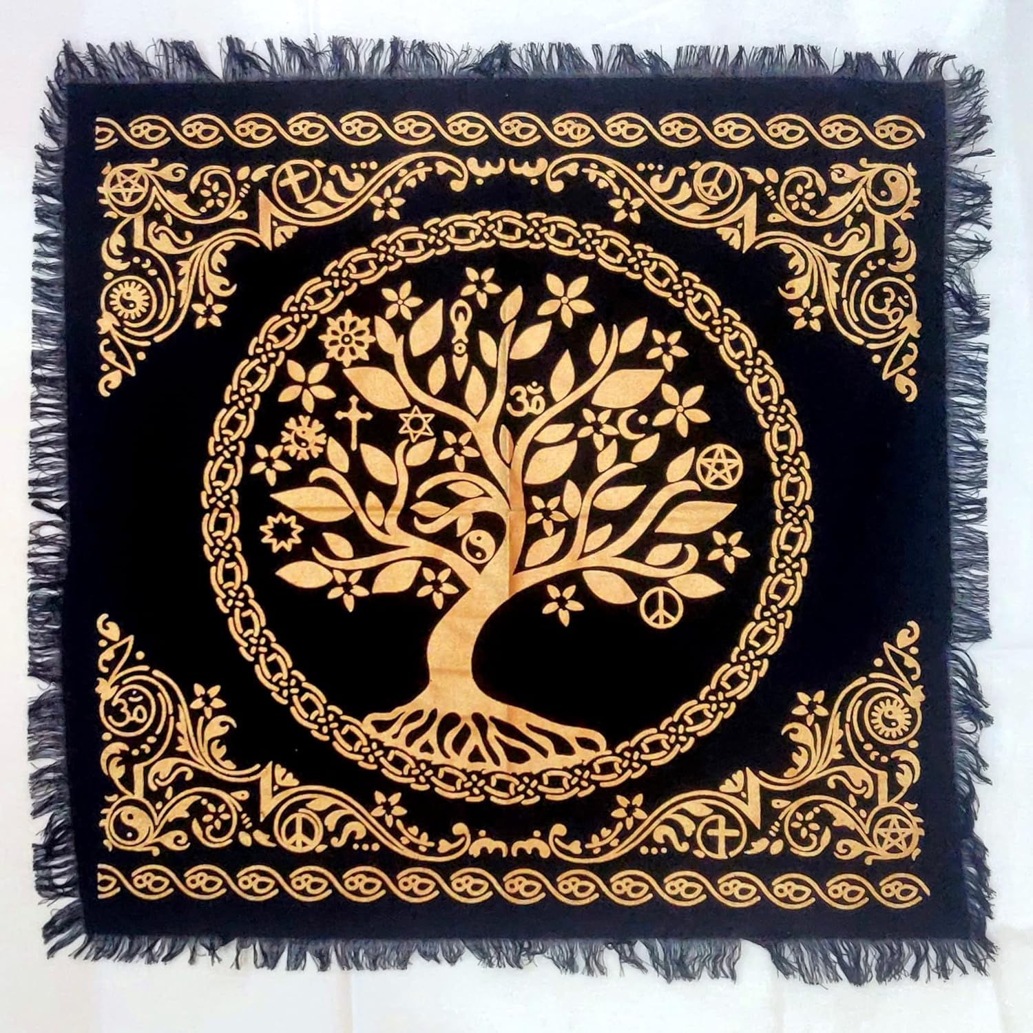 INDACORIFY Tree of Life Altar Table Top Cloth with Fringes Alter Tarot Witchcraft Spread Witchery Supplies Sacred Cloth 18x18 in (Gold Tree of Life) - Image 7