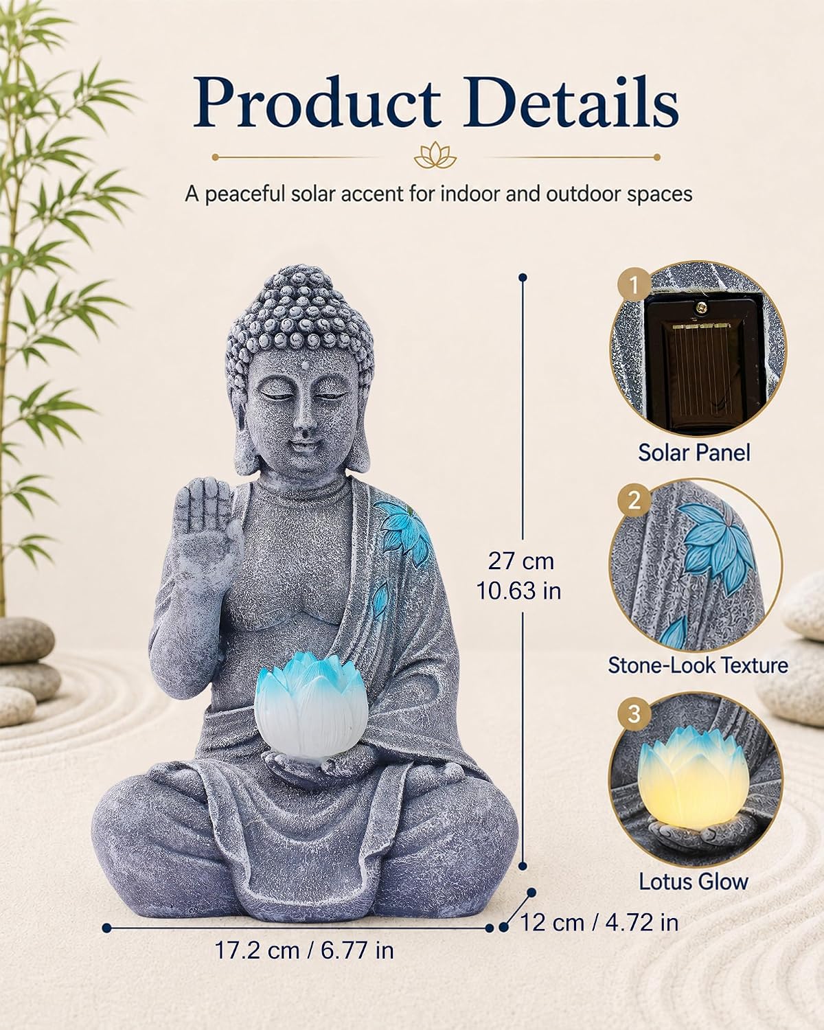 Nacome Solar Buddha Garden Statue Decor: Sitting Resin Figurine with Lotus Flower Light Zen Sculpture for Patio Lawn Yard Porch Balcony Meditation Space - 10.6 inches(Grey) - Image 4