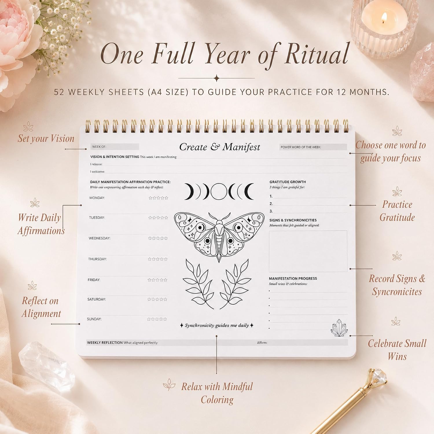 Manifestation Planner for Daily Affirmations | Law of Attraction, Gratitude and Mindful Coloring | Intention Setting Tracker for Women | 52 Sheets for 1 Year | A4 - Image 3