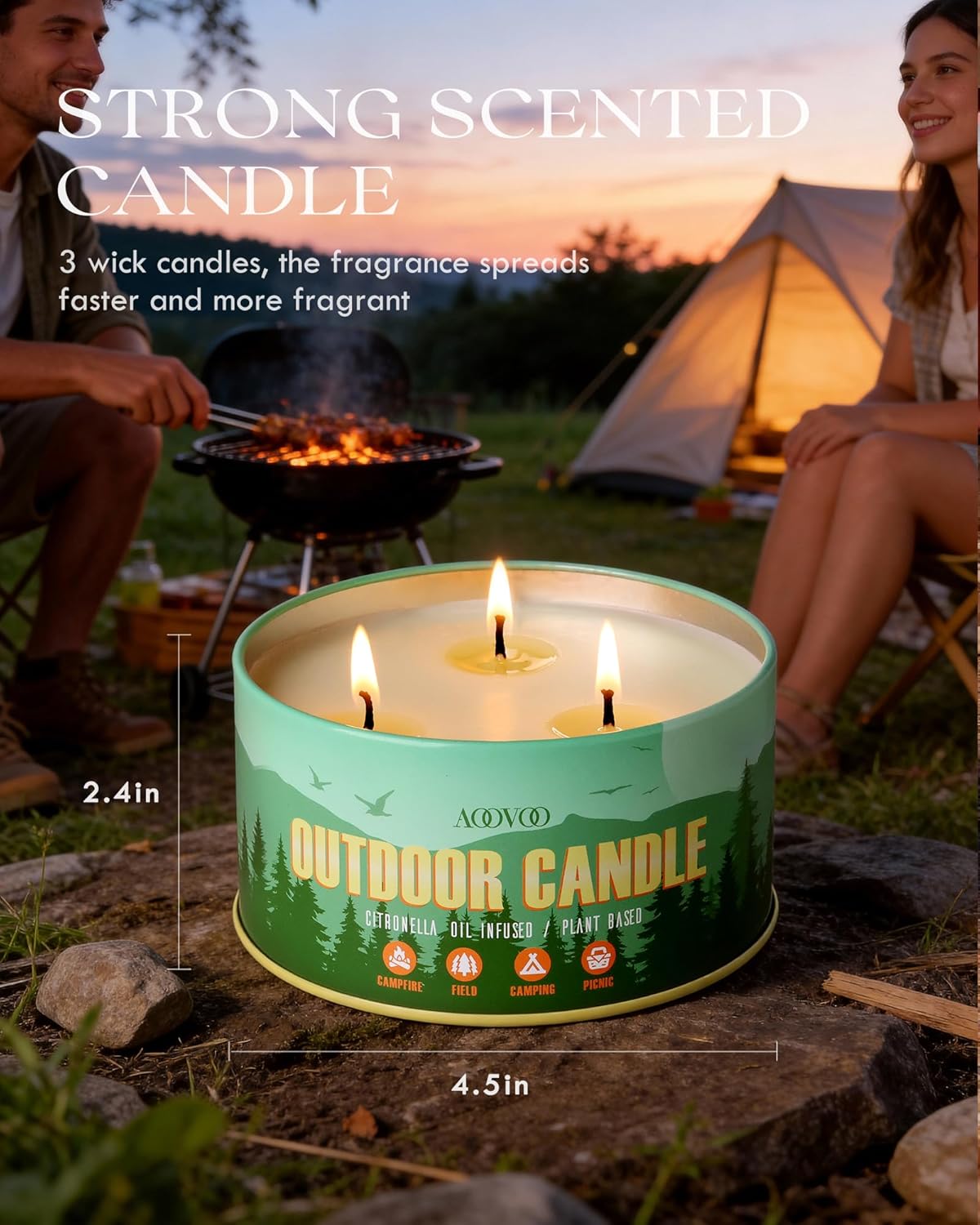 AOOVOO Citronella Candles Outdoor - 3 Wick 12oz Large Camping Candle, Soy Wax Non Toxic, Strong Citronella Scented Candle for Patio Backyard Garden Picnic - Image 3