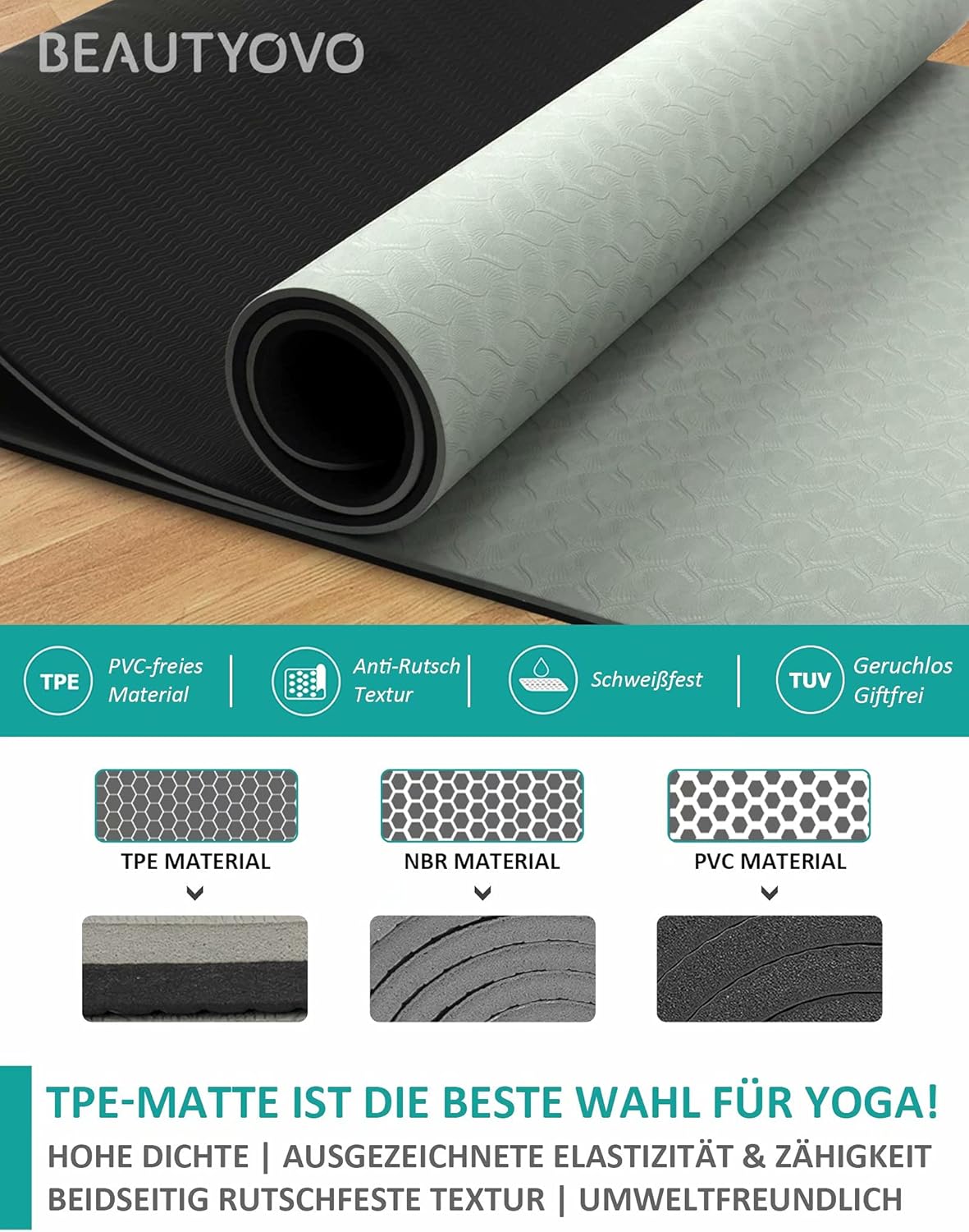 BEAUTYOVO Yoga Mat with Strap, 1/3 Inch Extra Thick Yoga Mat Double-sided Non Slip, Professional TPE Yoga Mats for Women Men, Workout Mat for Yoga, Pilates and Floor Exercises - Image 4