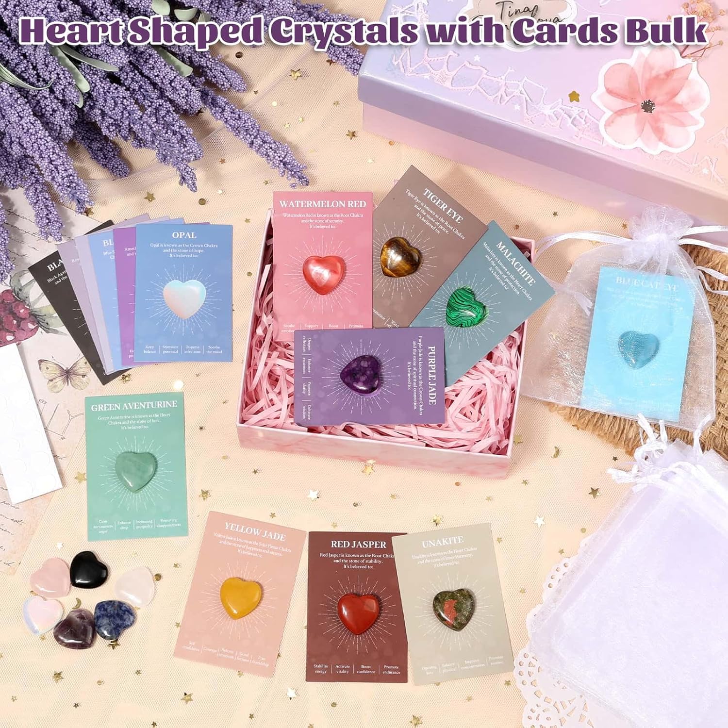 15Pcs Heart Crystals and Healing Stones Bulk, 0.8" Natural Polished Heart Shaped Rocks Gemstones with Meaning Cards for Meditation Balancing Chakra Reiki Spiritual Valentines Mother's Day Gifts - Image 2