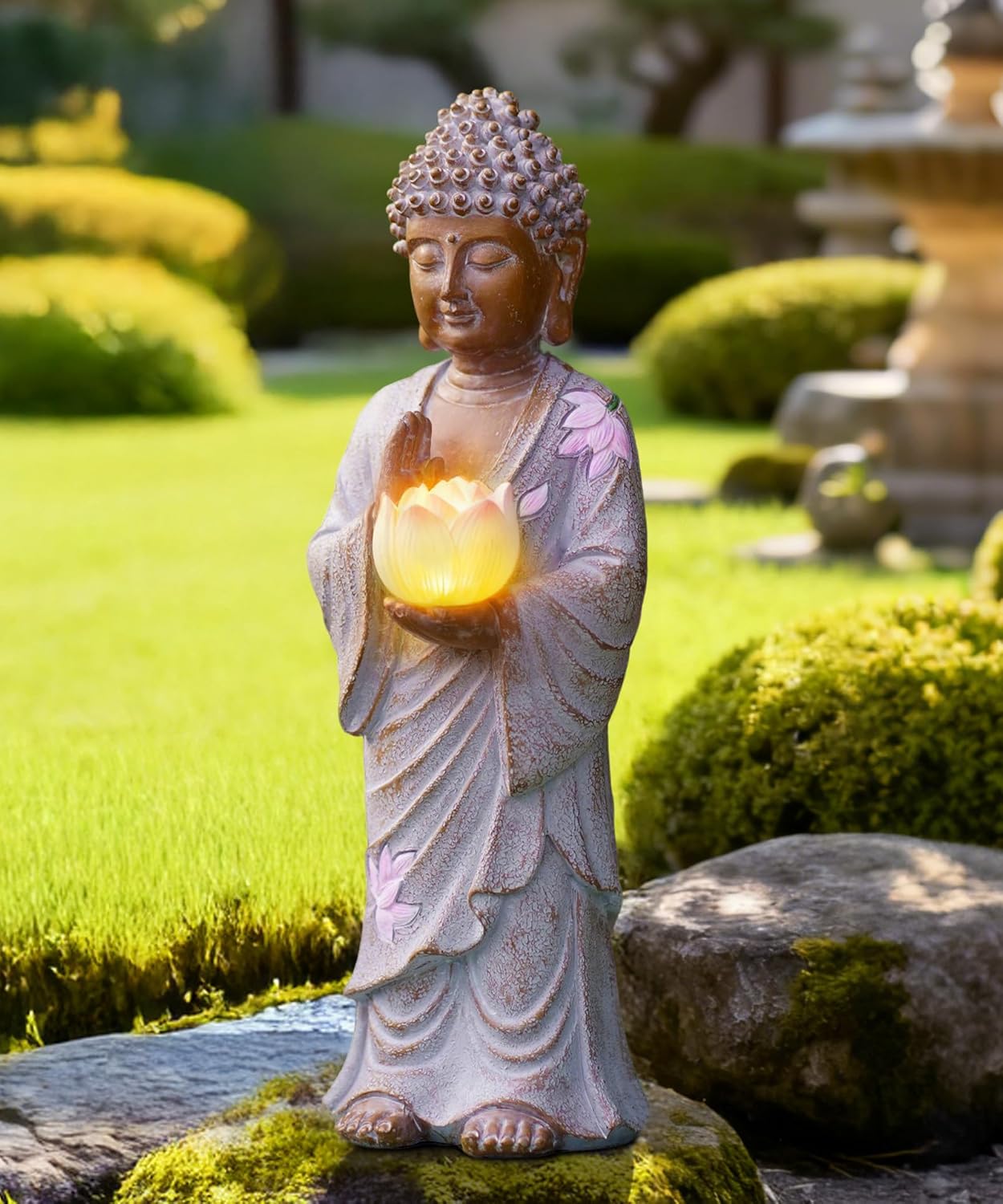 Nacome Solar Buddha Garden Statue Decor: Standing Resin Figurine with Lotus Flower Light Zen Sculpture for Patio Lawn Yard Porch Balcony Meditation Space - 11 inches(White) - Image 9