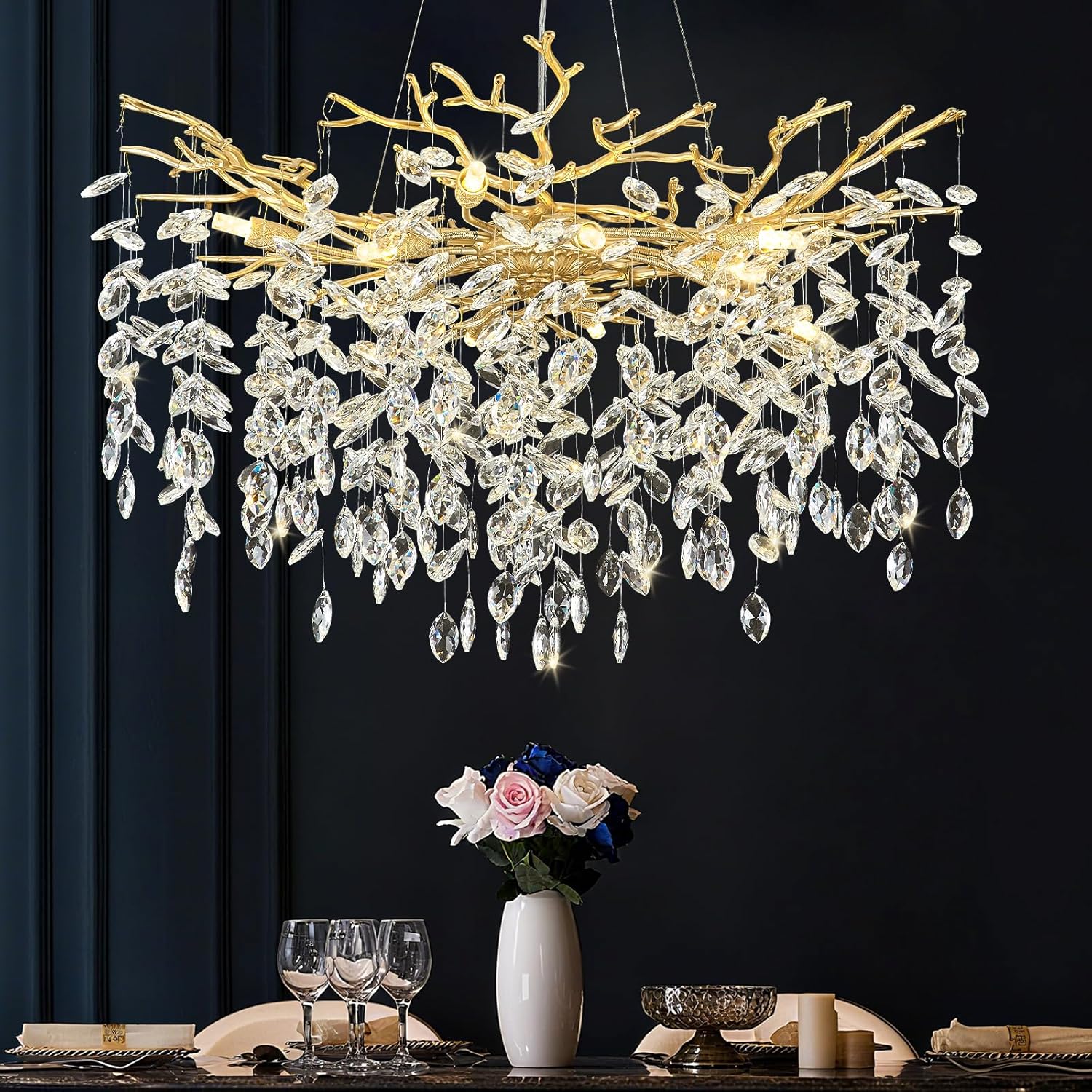 Tree Branch Chandelier 31.5" Gold Modern Crystal Chandelier for Dining Room 10-Lights Luxury K9 Clear Crystal Branch Chandeliers for Living Room Kitchen Bedroom Hotel Church