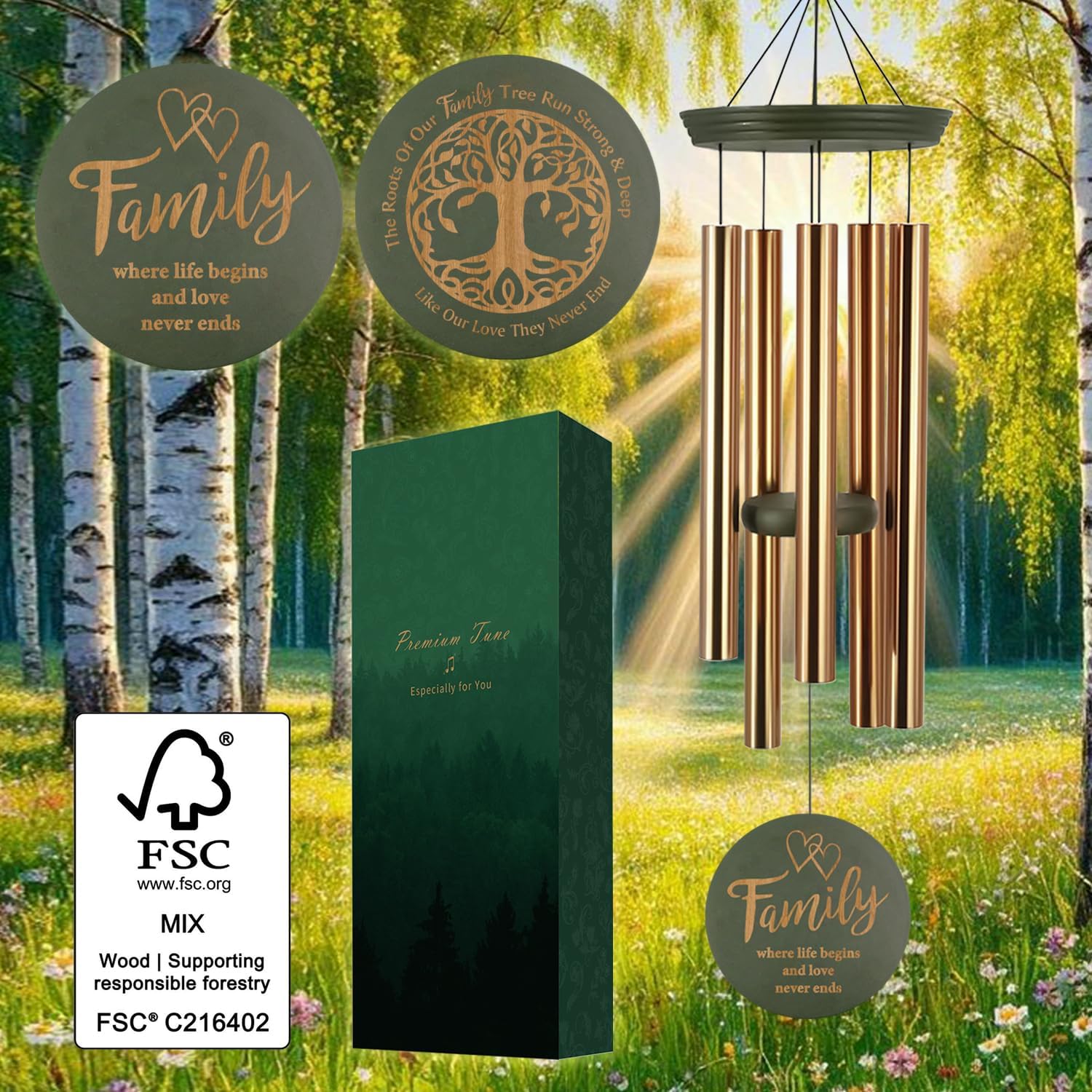 ASTARIN Wind Chimes for Outside, Large Outdoor Windchimes with Engraved Tree of Life, Premium Tuned Metal Chimes for Mother/Grandma, Home & Garden Decor with Soothing Tone - Image 2