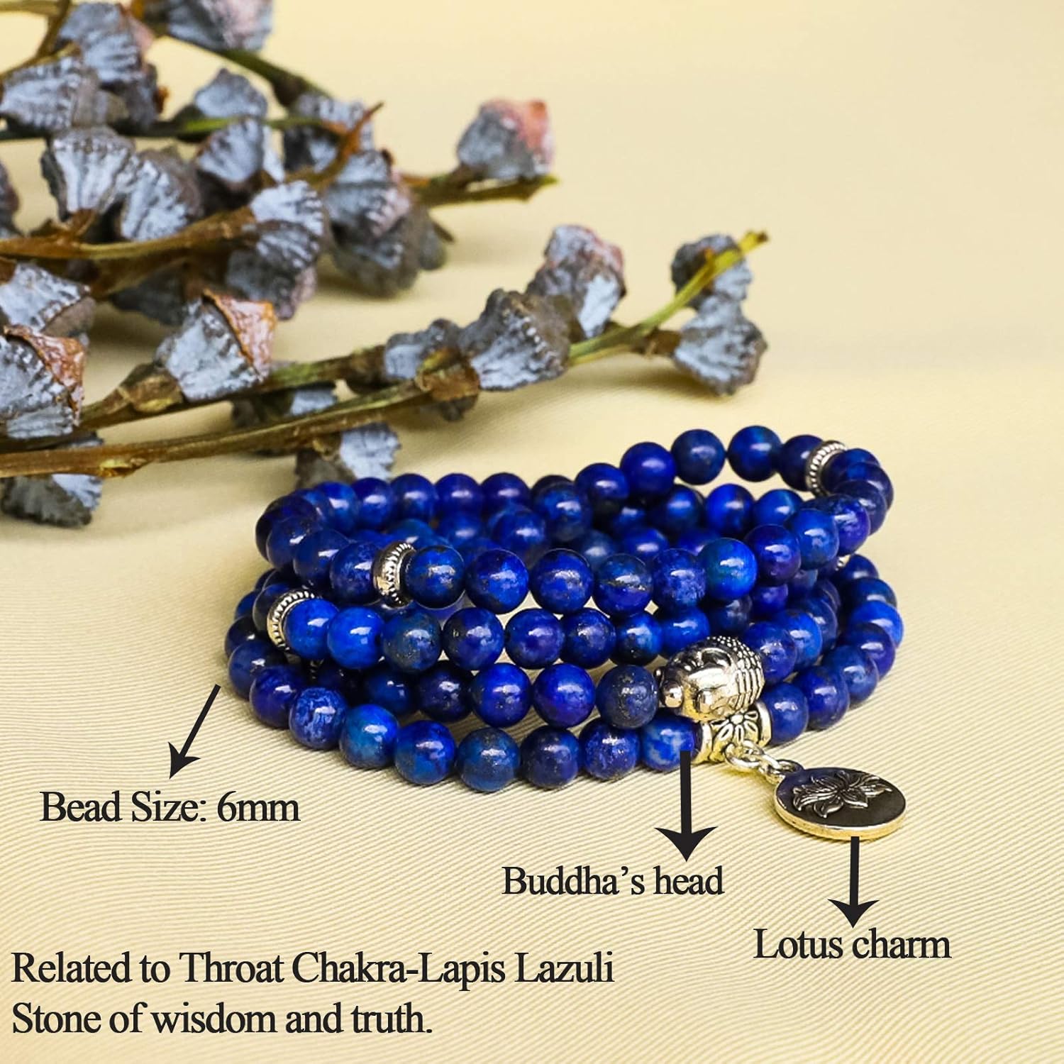 Bivei 108 Mala Beads Necklace Long Beaded Wrap Bracelets Genuine Gemstone Mala Prayer Beads Lotus Buddha Charm Yoga Meditation Necklace - Image 2