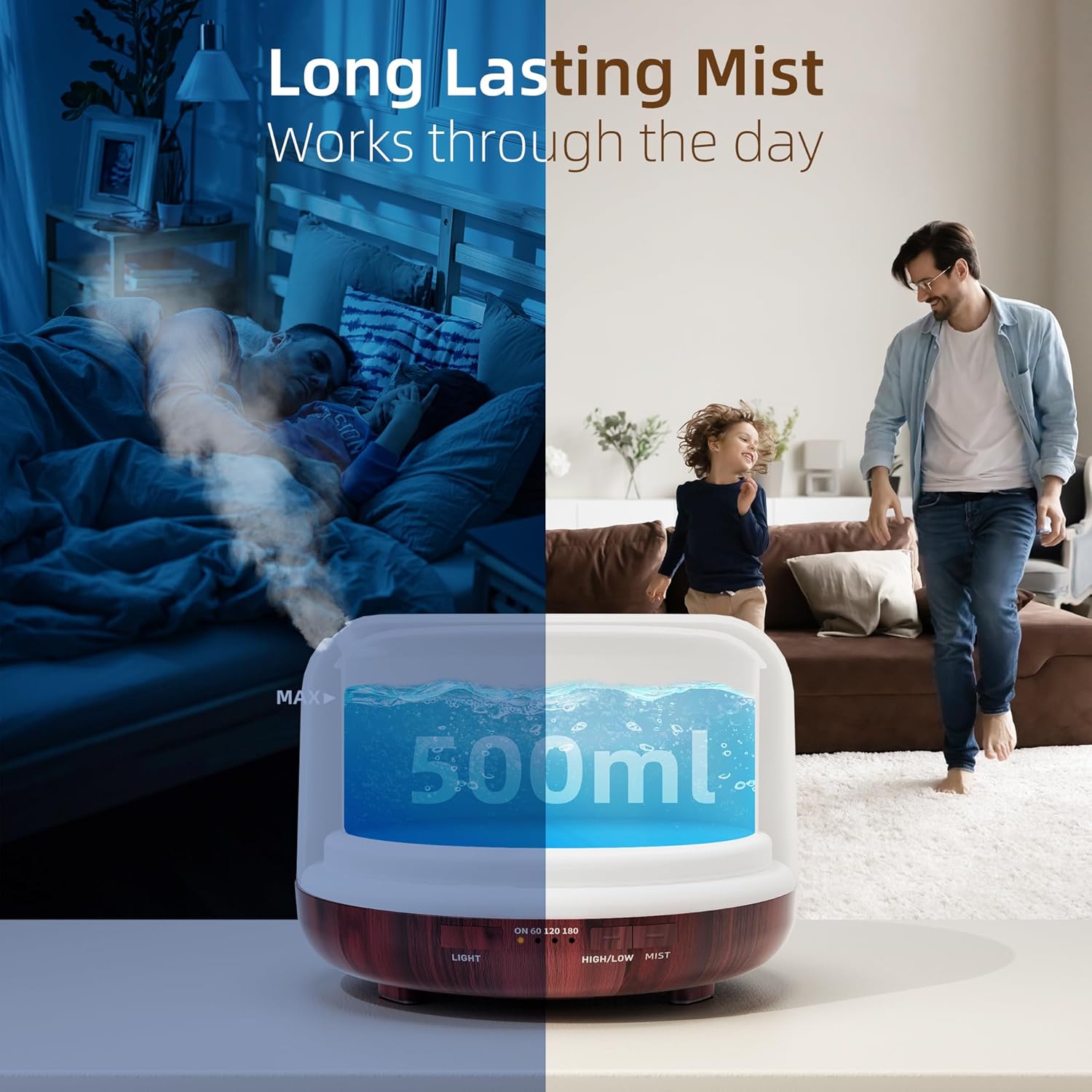 ASAKUKI Essential Oil Diffuser for Home, 500ML Aromatherapy Diffuser Humidifier with Remote Control, 7 Color LED Lights, Quiet Cool Mist Diffuser for Bedroom, Living Room, Office (Reddish-Brown) - Image 2