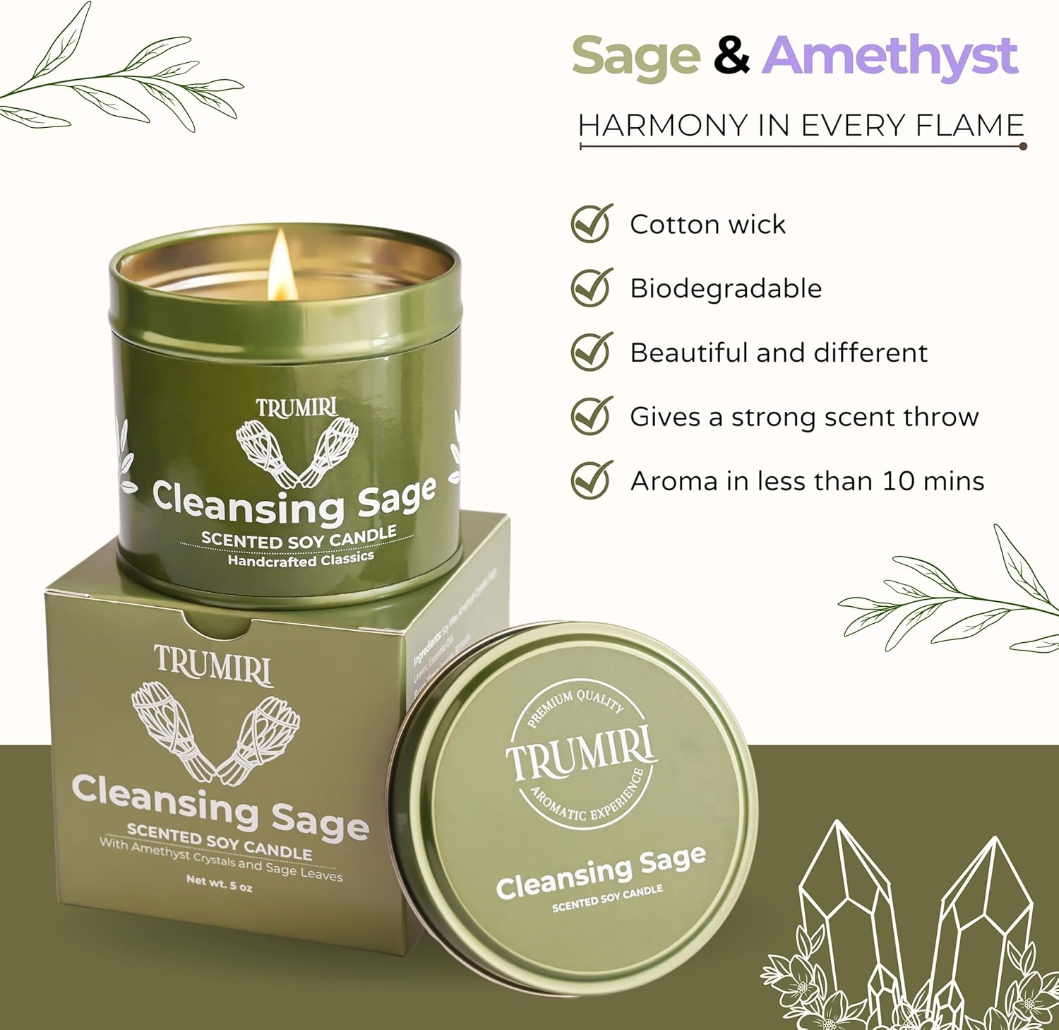 Sage Candle for Cleansing House Negative Energy Smudge Kit - 5oz Soy Wax Natural Clean Organic Non Toxic - Aromatherapy Spiritual Meditation Gifts - Long Lasting Highly Scented Candel with Crystals - Image 4