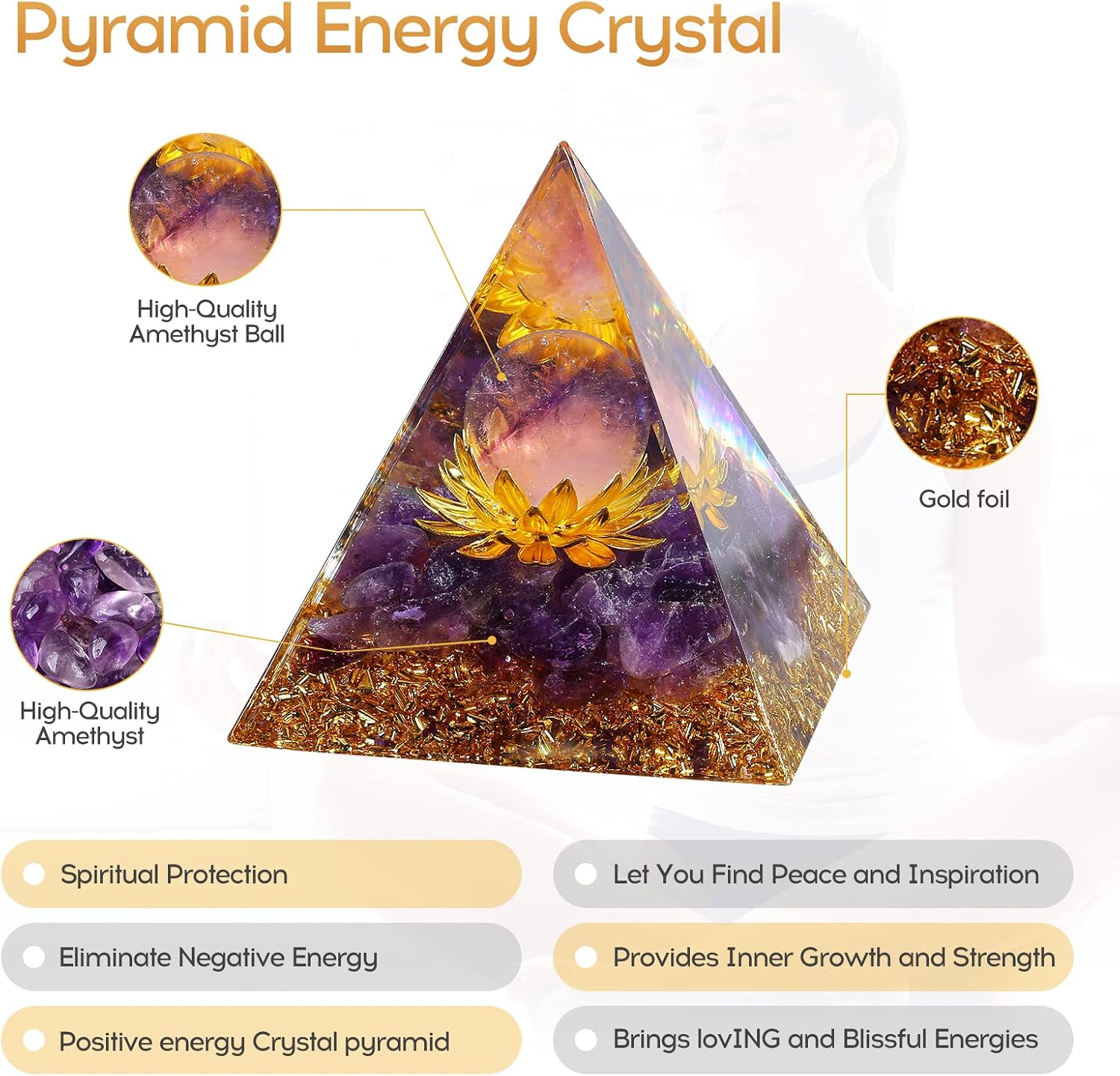 Hopeseed Orgone Crystal Pyramid for Positive Energy, Flower of Life Orgonite Amethyst Healing Crystals Pyramid for Reduce Stress Chakra Healing Meditation Attract Lucky, with 2 White Crystals Stones - Image 3