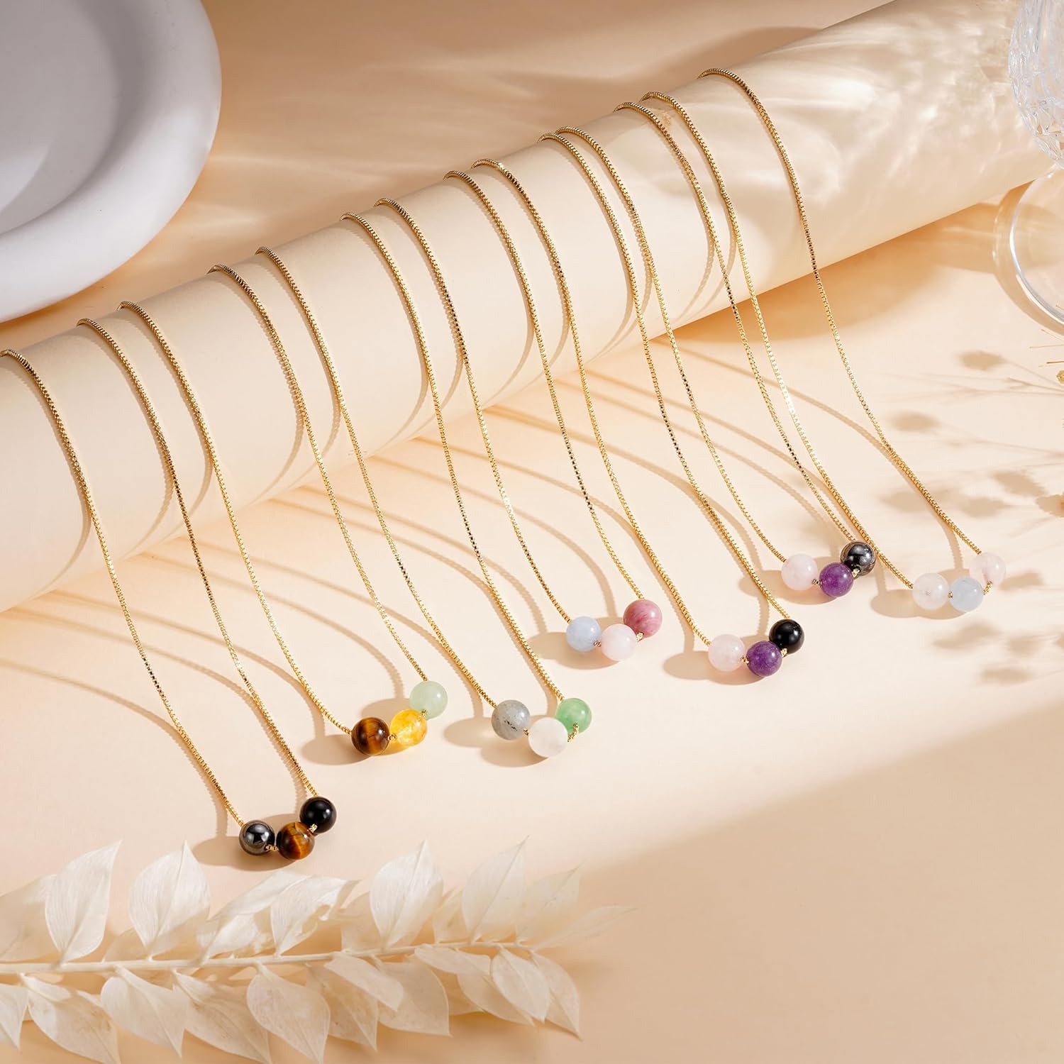 Healing Crystal Necklace for Women 14k Plated Gold Beaded Necklace Anxiety Relief Triple Protection Amethyst Gifts for Friends Sister Mom Daughter Jewelry - Image 6