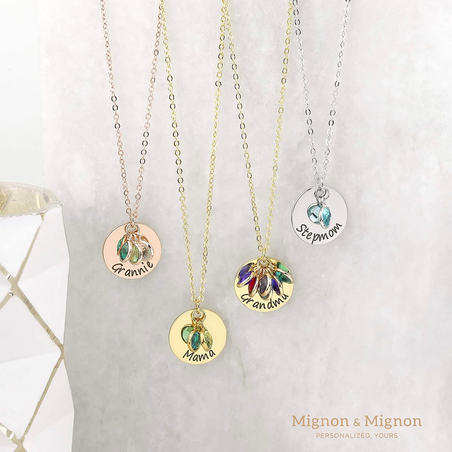 MignonandMignon Birthstone Disc Necklace Personalized Gift for Her Birthstone Amethyst Raw Stone Gift for Grandma - Image 2