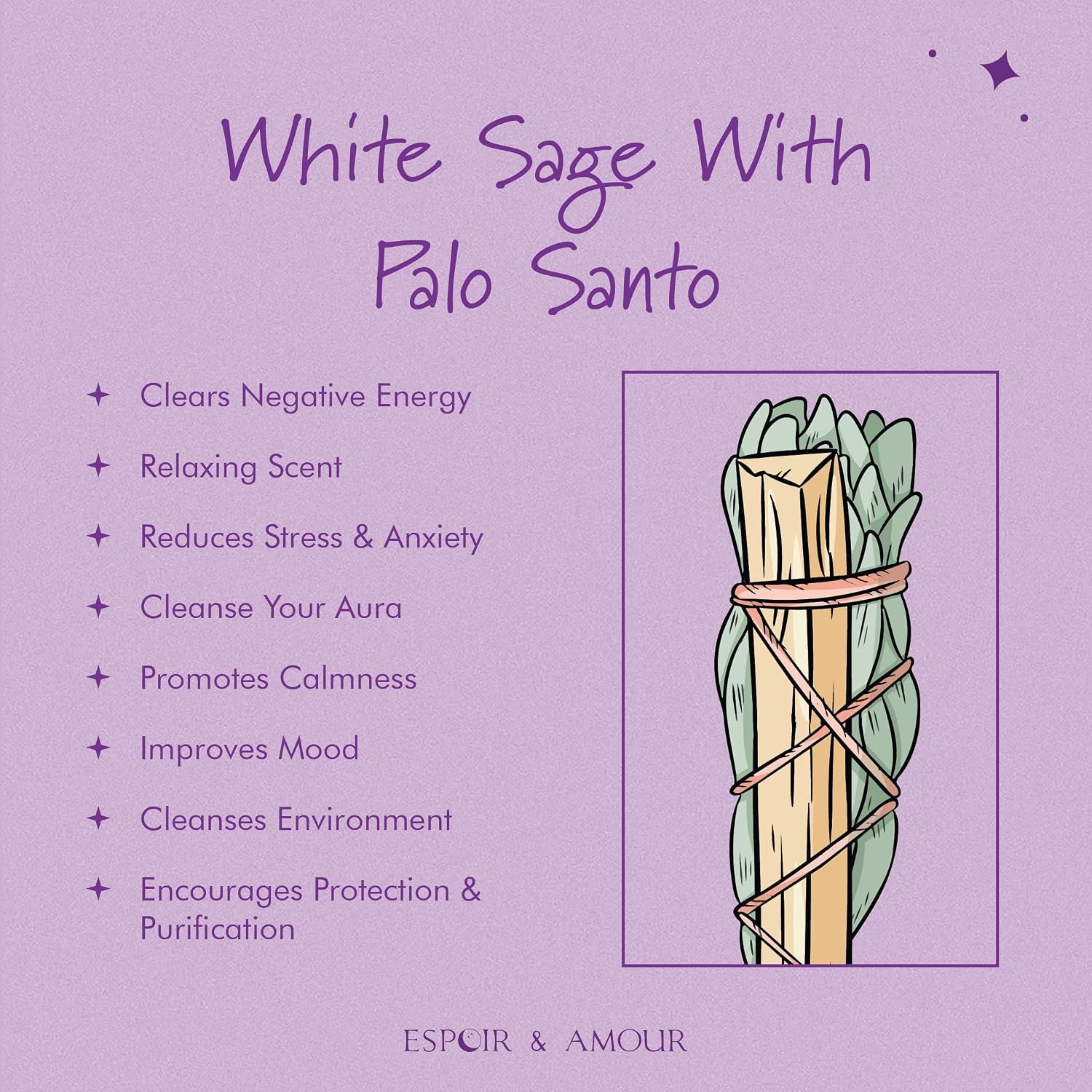 ESPOIR & AMOUR Palo Santo White Sage 4-6" Spiritual Smudging Sticks - Hand-Tied Sage Bundle for Cleansing Negativity - Sustainably Harvested 4 Inch Californian Sage - Image 3