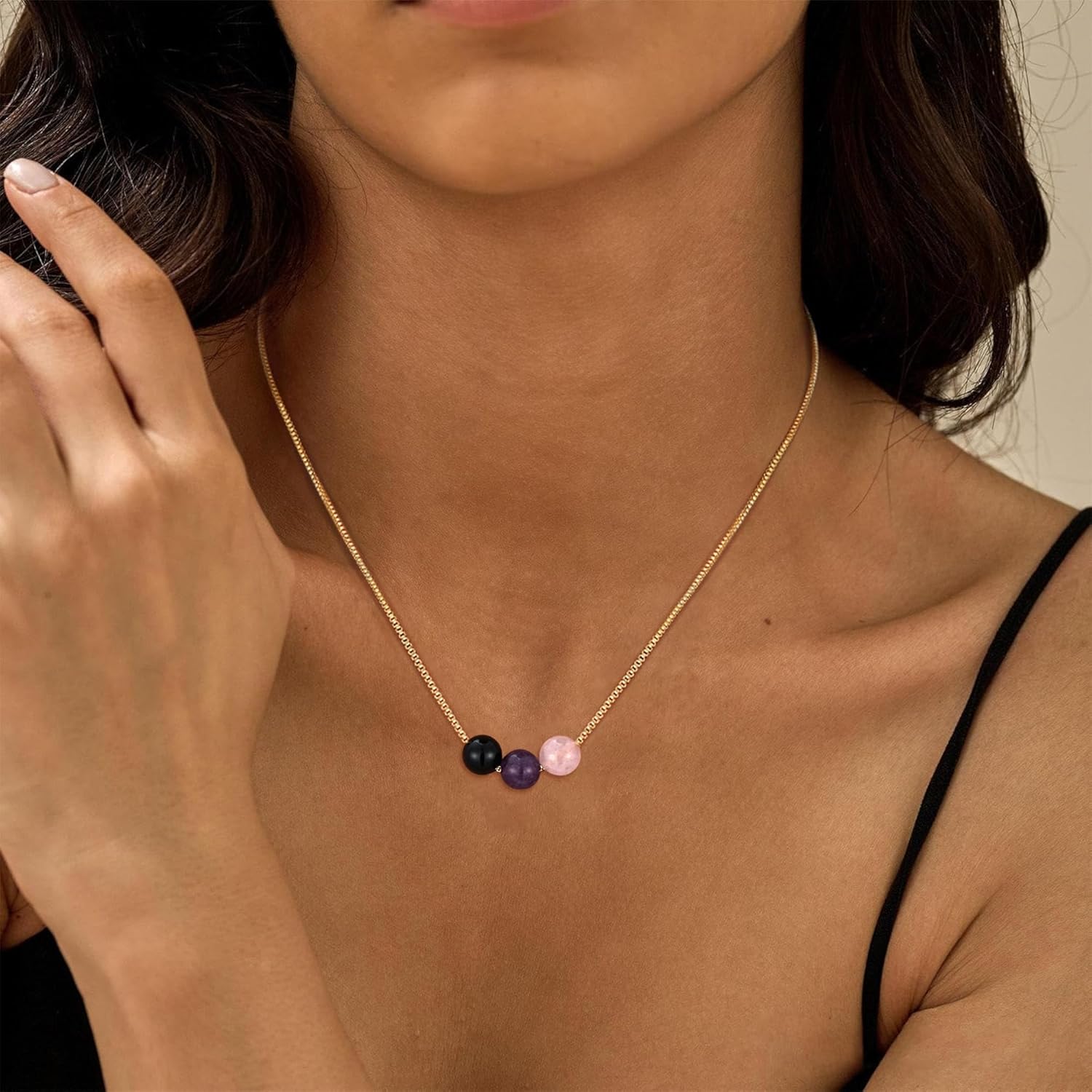 Healing Crystal Necklace for Women 14k Plated Gold Beaded Necklace Anxiety Relief Triple Protection Amethyst Gifts for Friends Sister Mom Daughter Jewelry - Image 3