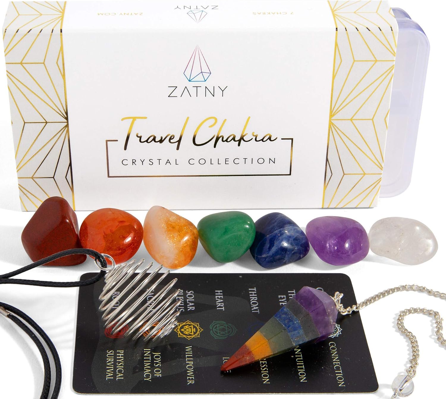 ZATNY Travel Chakra Crystals and Healing Stones Collection - 7 Chakra Set Tumbled Stones, Chakra Pendulum, Interchangeable Cage Necklace, Reference Card, Portable Case, Ebook