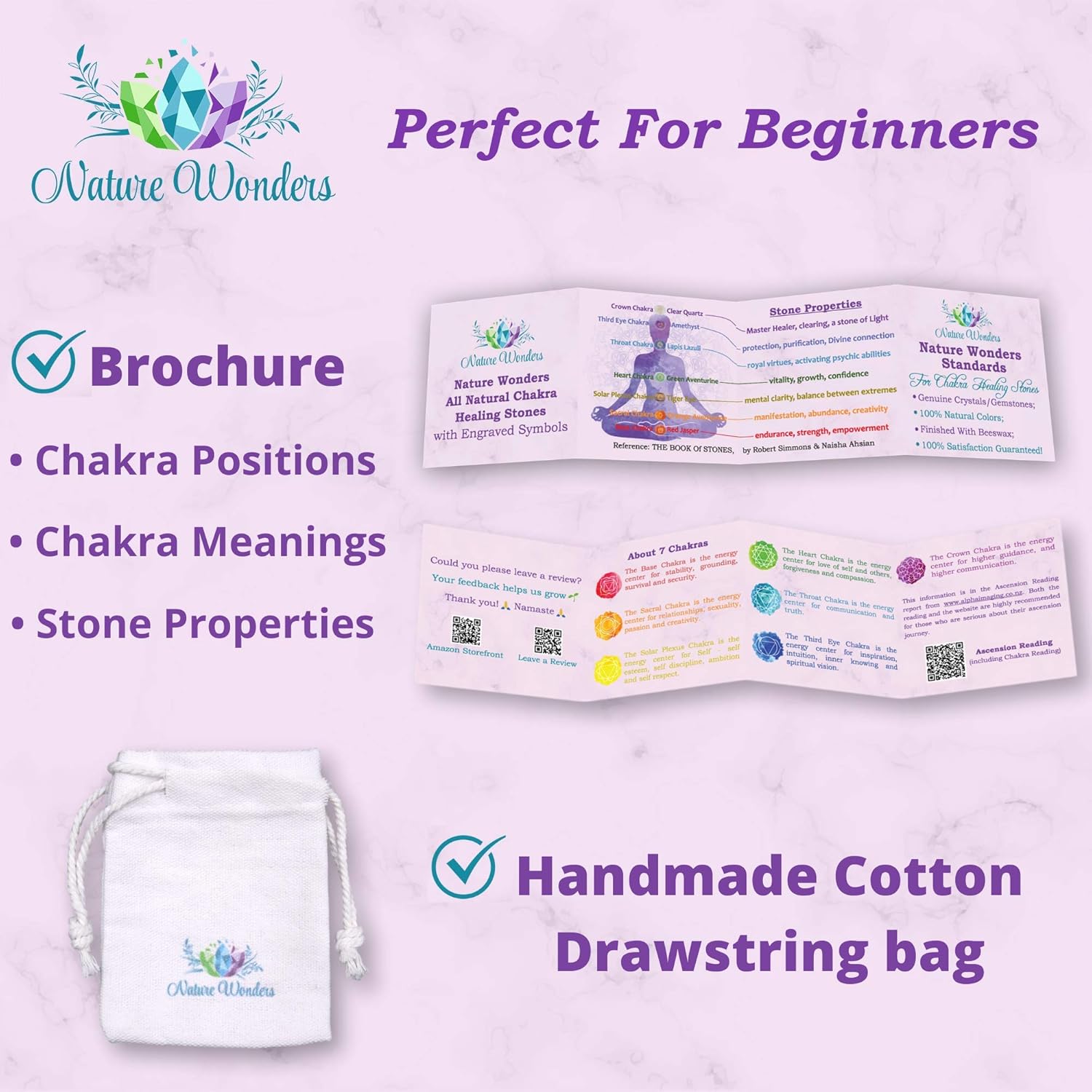 NatureWonders All Natural Chakra Stone Set with Information Brochure & Travel Pouch - Healing Crystals, Polished Palm Stone, Meditation, Reiki, Energy - Image 7