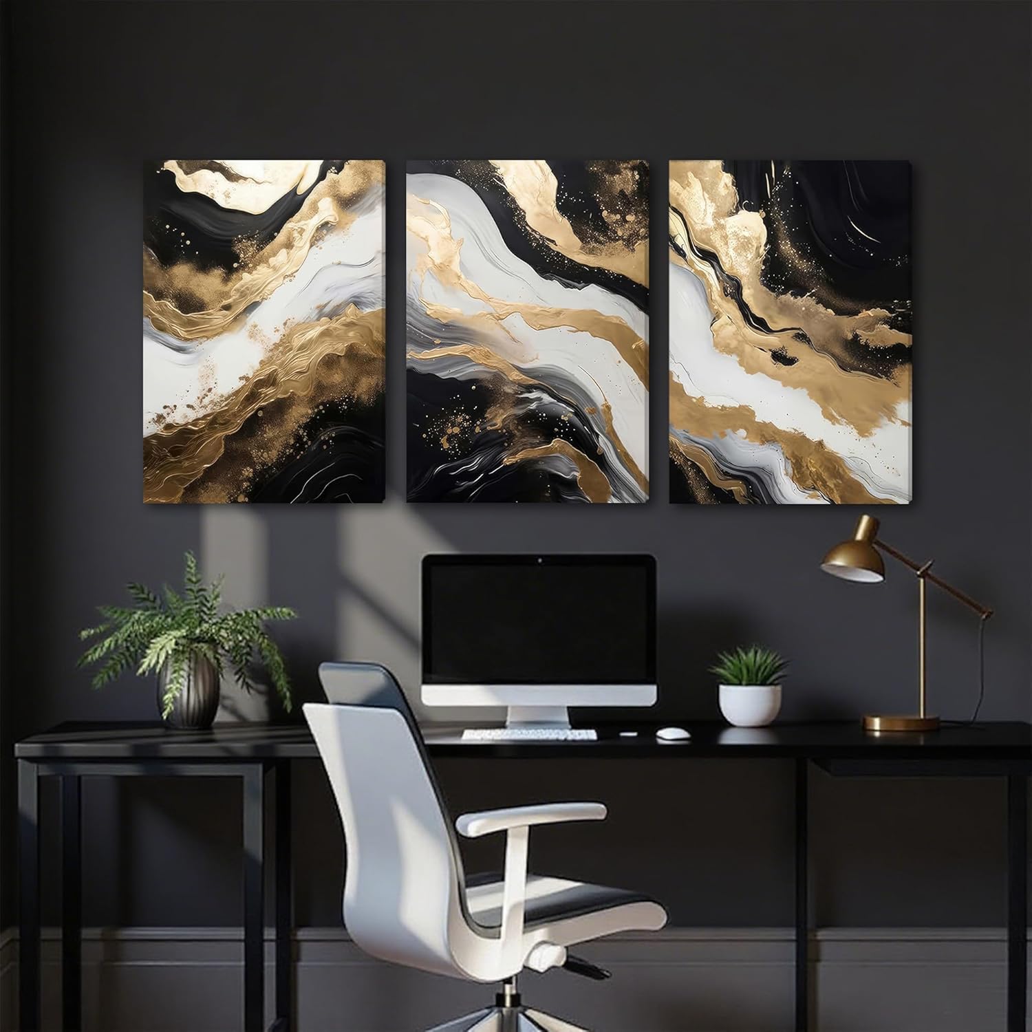 Palette Dreams 3 Piece Framed Black and White Abstract Wall Art, Black Gold Canvas Black Marble Picture Wall Decor, Modern Gold Foil Art Poster Print for Living Room Bedroom Office Bathroom 16x24 Inch - Image 5