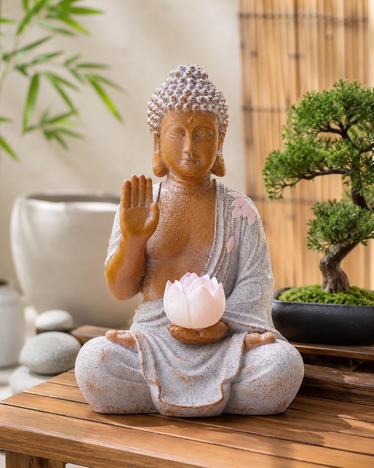Nacome Solar Buddha Garden Statue Decor: Sitting Resin Figurine with Lotus Flower Light Zen Sculpture for Patio Lawn Yard Porch Balcony Meditation Space - 10.6 inches(White) - Image 7