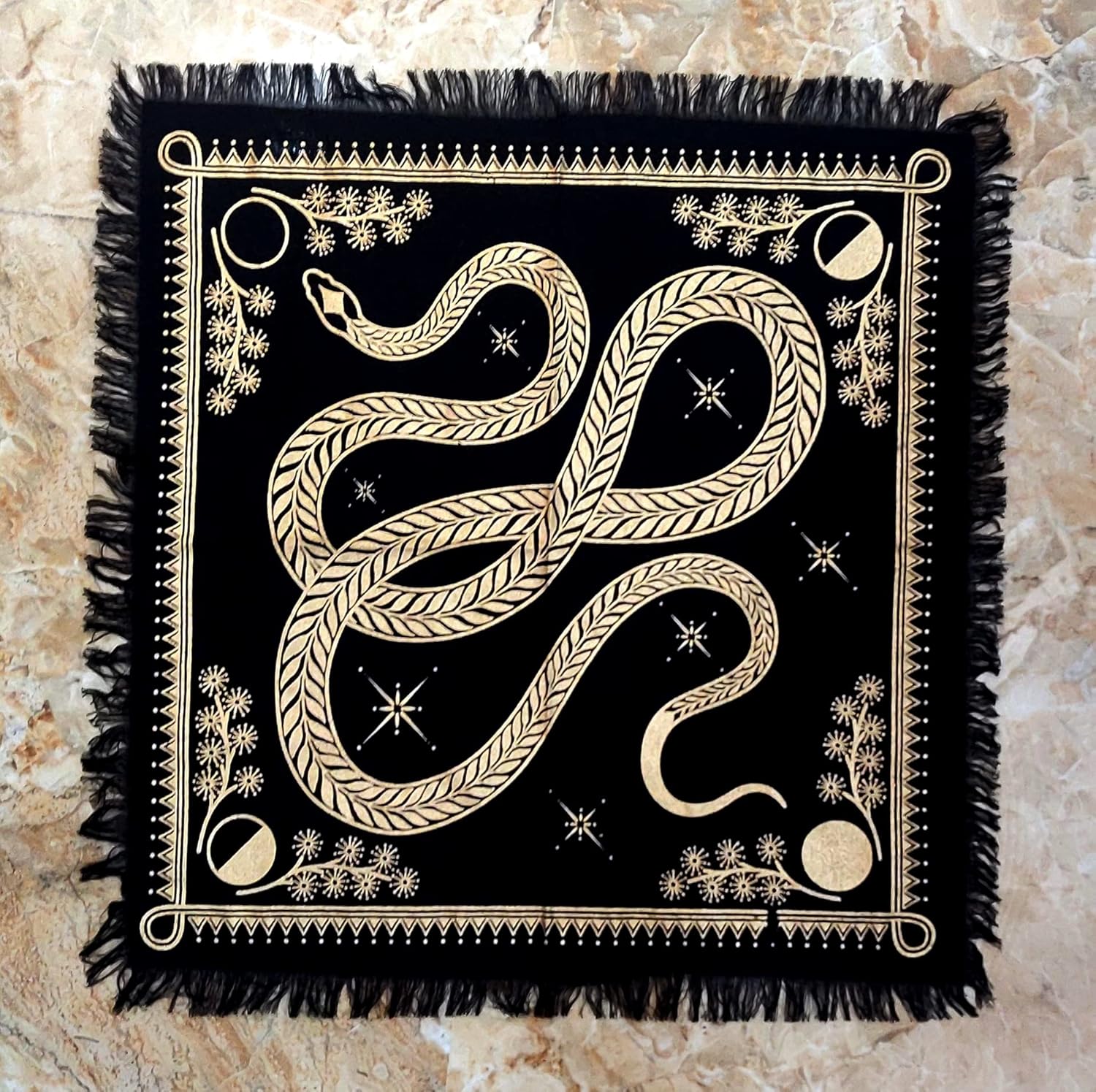 INDACORIFY Golden Snake Altar Table Top Cloth with Fringes Celtic Alter Tarot Witchcraft Spread Spiritual Sacred Cloth 18x18 in (Golden Snake) - Image 6