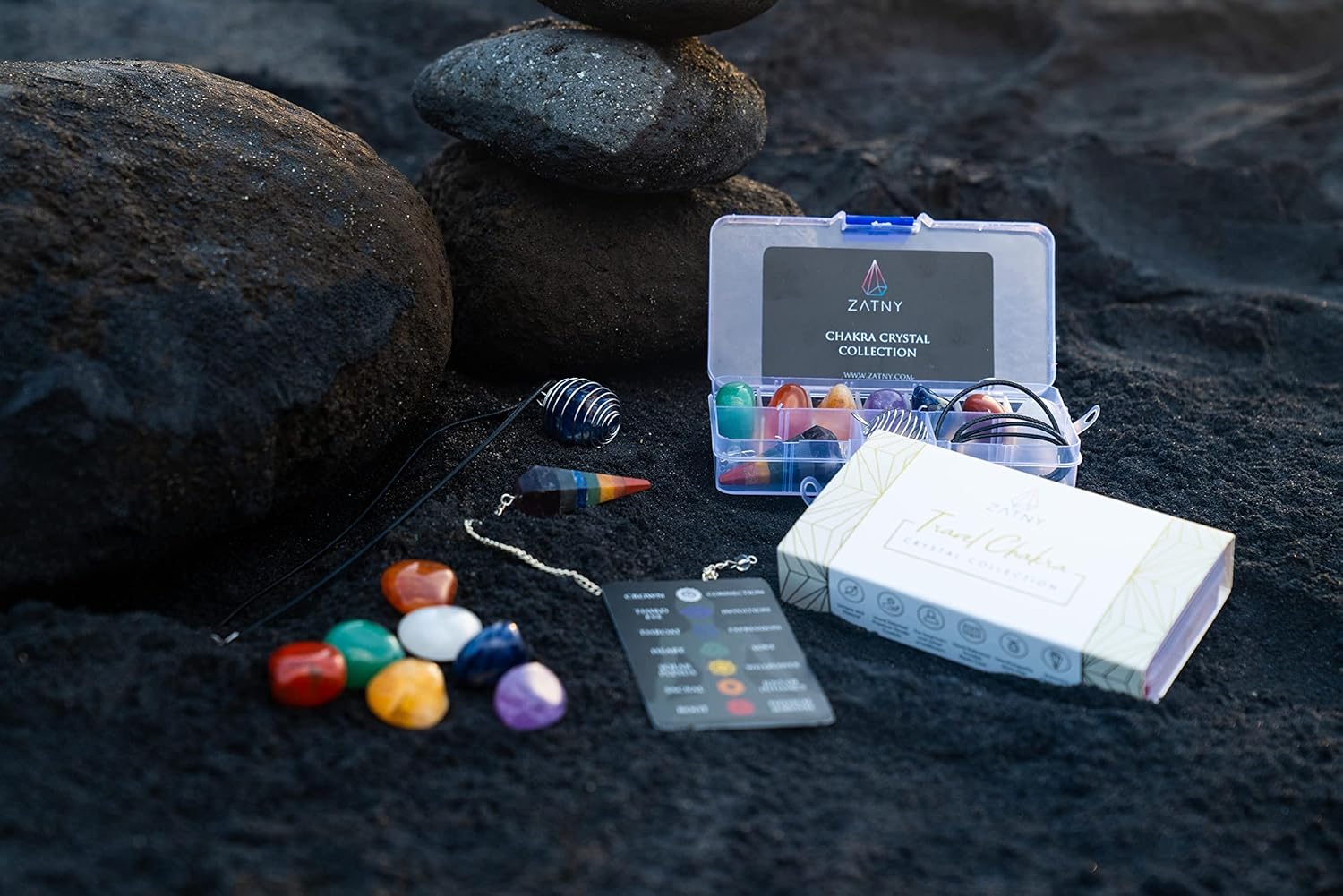ZATNY Travel Chakra Crystals and Healing Stones Collection - 7 Chakra Set Tumbled Stones, Chakra Pendulum, Interchangeable Cage Necklace, Reference Card, Portable Case, Ebook - Image 3