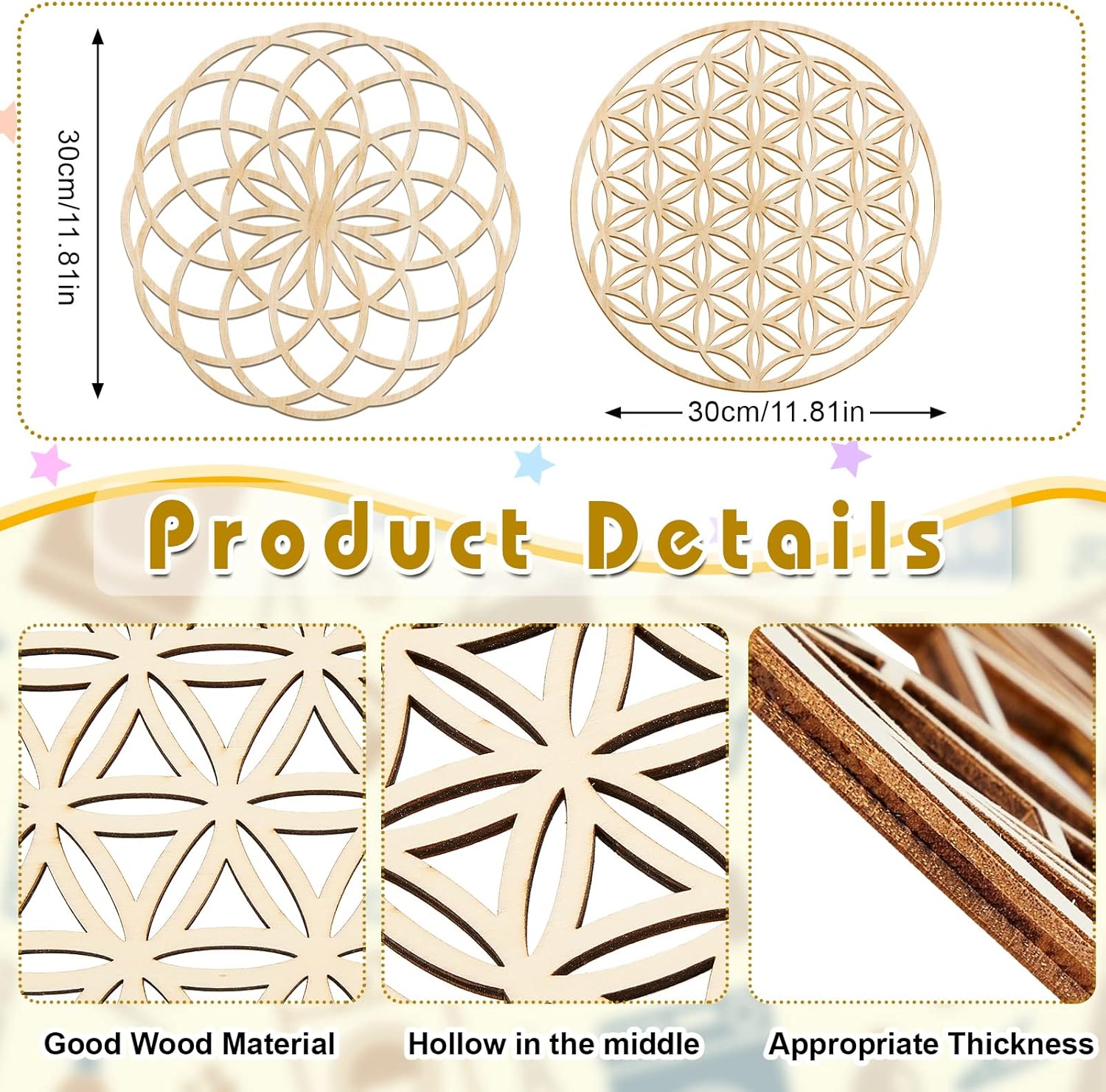 Taiyin 6 Pcs 12 Inch Wooden Sacred Geometry Wall Art Set, Zen Geometric Wall Decor for Home Meditation Room, Inspired Hanging Art with Metatron Cube, Flower of Life, Sri Yantra(Burlywood) - Image 2
