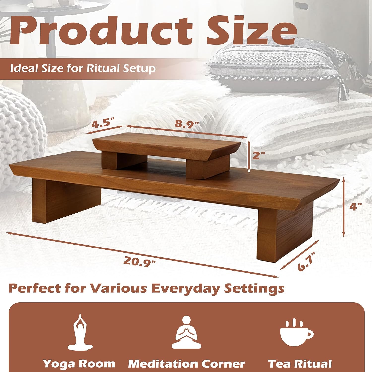 Meditation Altar Table Solid Wood, Wooden Puja Table for Relaxation and Prayer, Low Meditation Tables, Japanese Floor Table, Small Coffee & Tea Table for Home, Office, Studio - Image 2