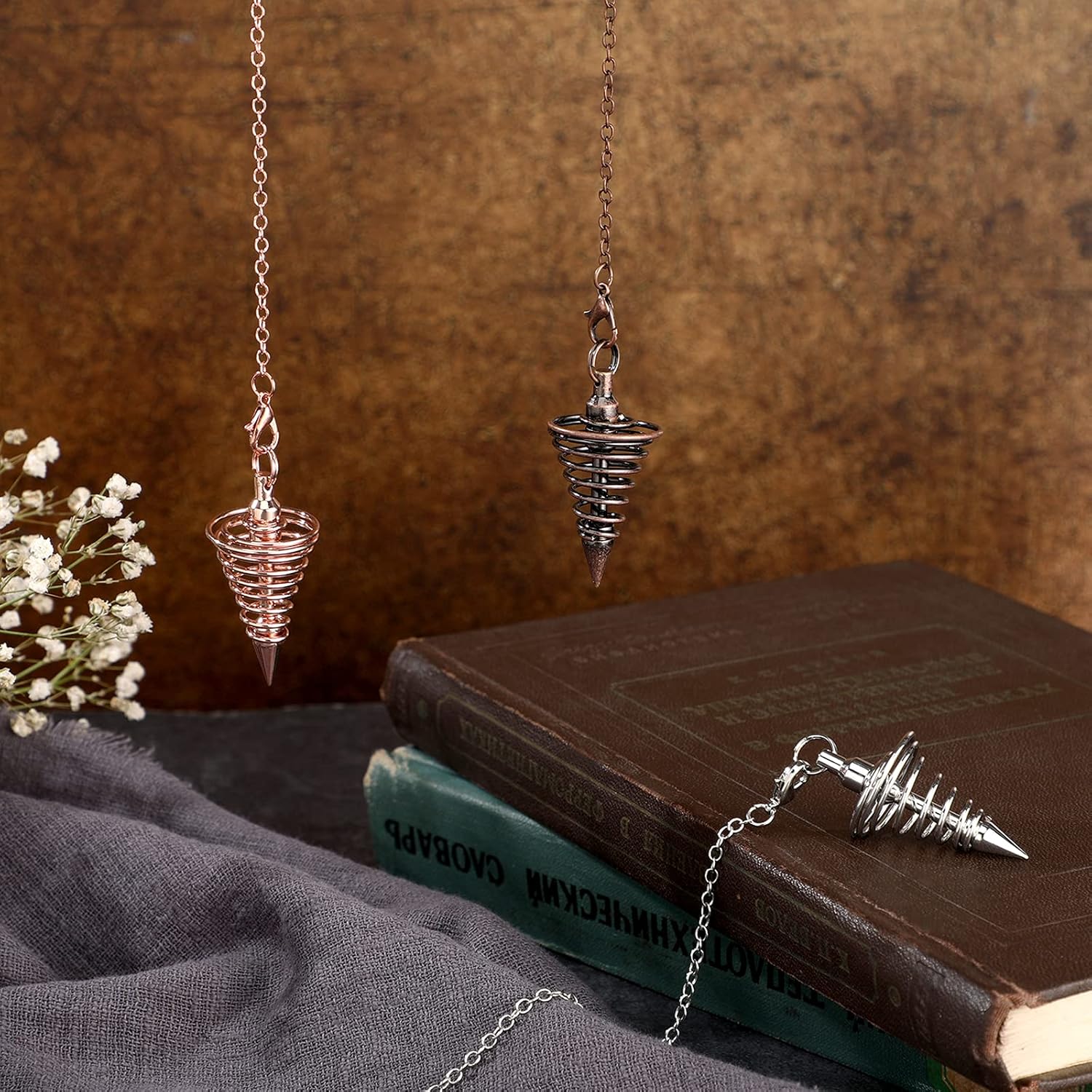 3 Pieces Copper Metal Dowsing Pendulum Divination Dower Reiki Healing Pendulum Chain,Silver Spiral Coil Point Meditation Yoga Balancing Pendant - Image 6