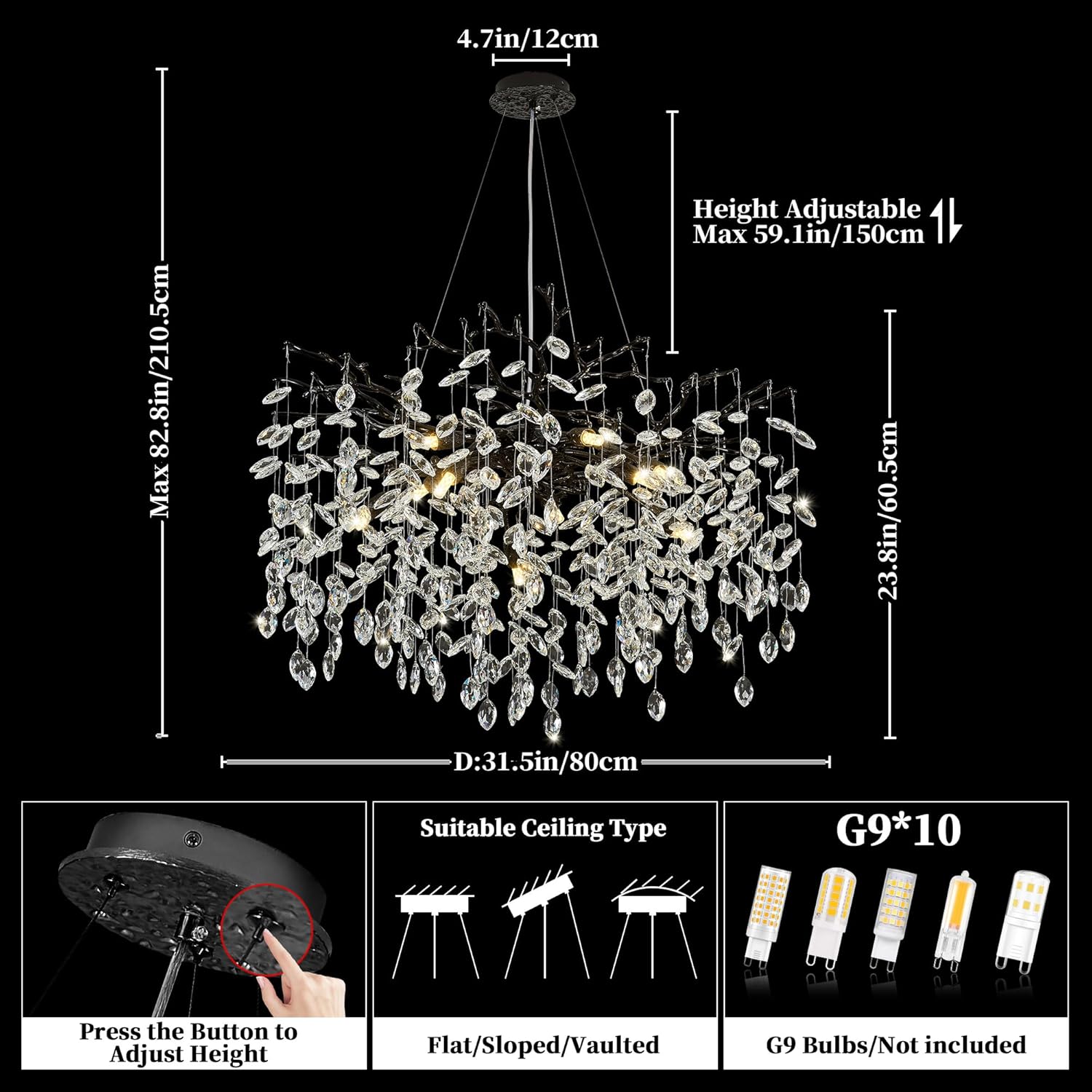 Modern Tree Branch Chandelier 31.5" Black Crystal Chandelier 10-Light Contemporary Pendant Lighting Luxury K9 Clear Crystal Dining Room Chandeliers for Staircase Living Room Kitchen Bedroom - Image 5