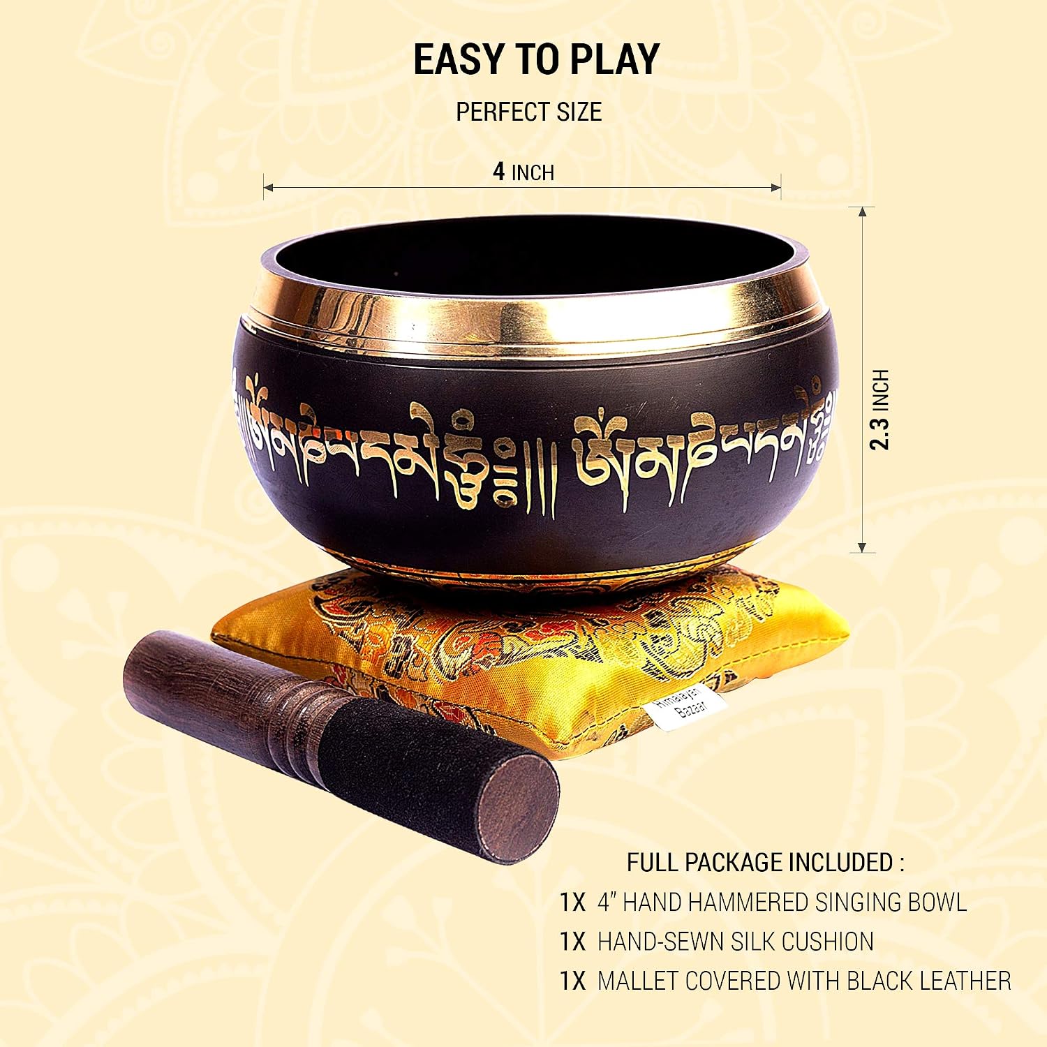 Tibetan Singing Bowl Set Bronze - Master Healing Grade - With Tibetan Thangka Art - Pure Tone By HIMALAYAN BAZAAR (Black & Yellow) - Image 4