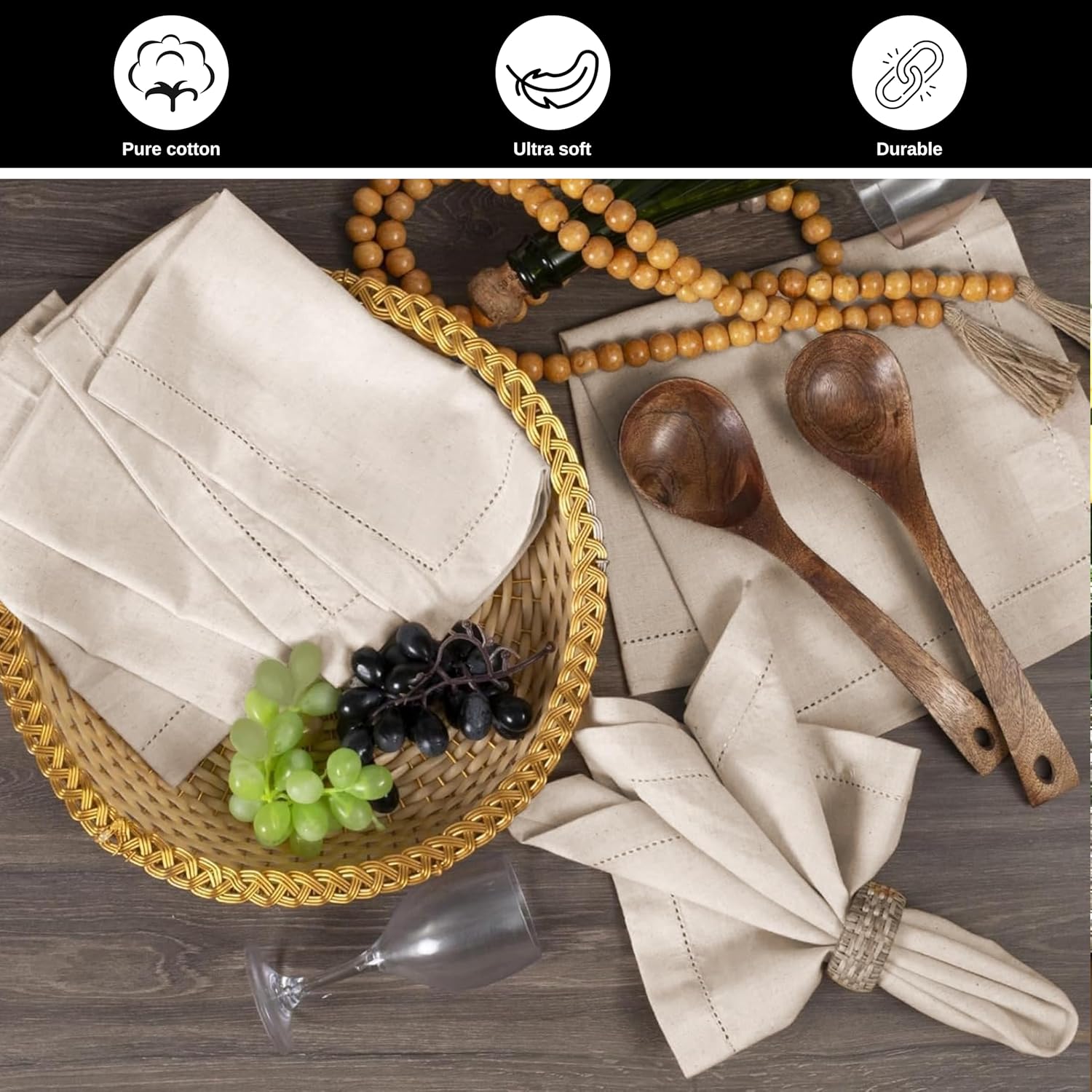 Bedding Craft Linen Flax Cotton Cloth Dinner Napkins Set of 12 – 20x20 Natural Hemstitched Fabric – Machine Washable Elegant Reusable Table Napkins for Weddings, Parties & Dining Décor - Image 4